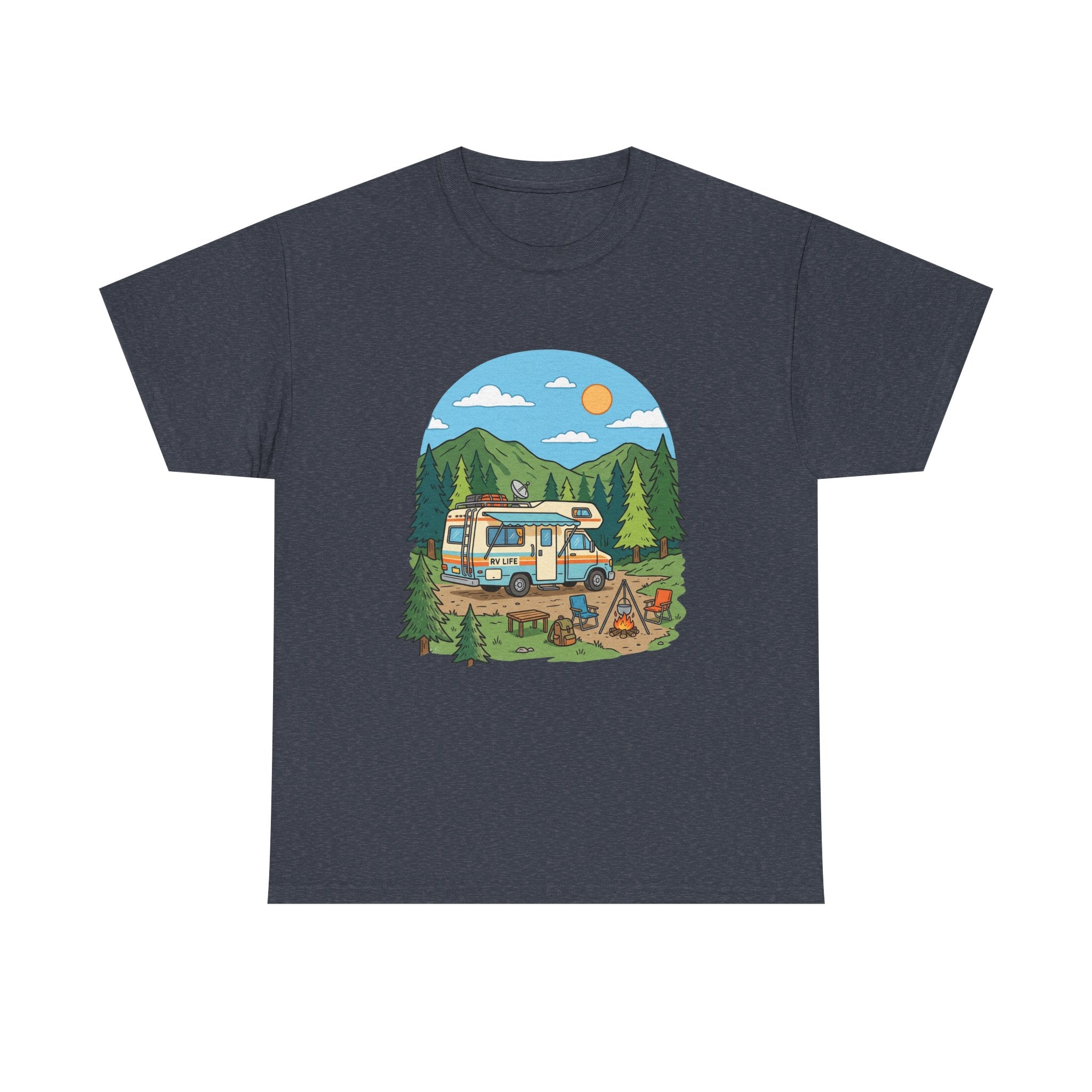 Camping Van Graphic Tee — Retro Camper Van & Campfire Outdoor Shirt