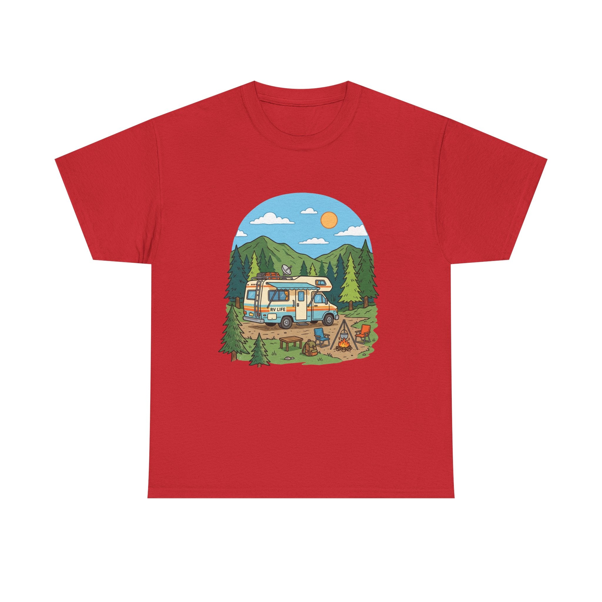 Camping Van Graphic Tee — Retro Camper Van & Campfire Outdoor Shirt