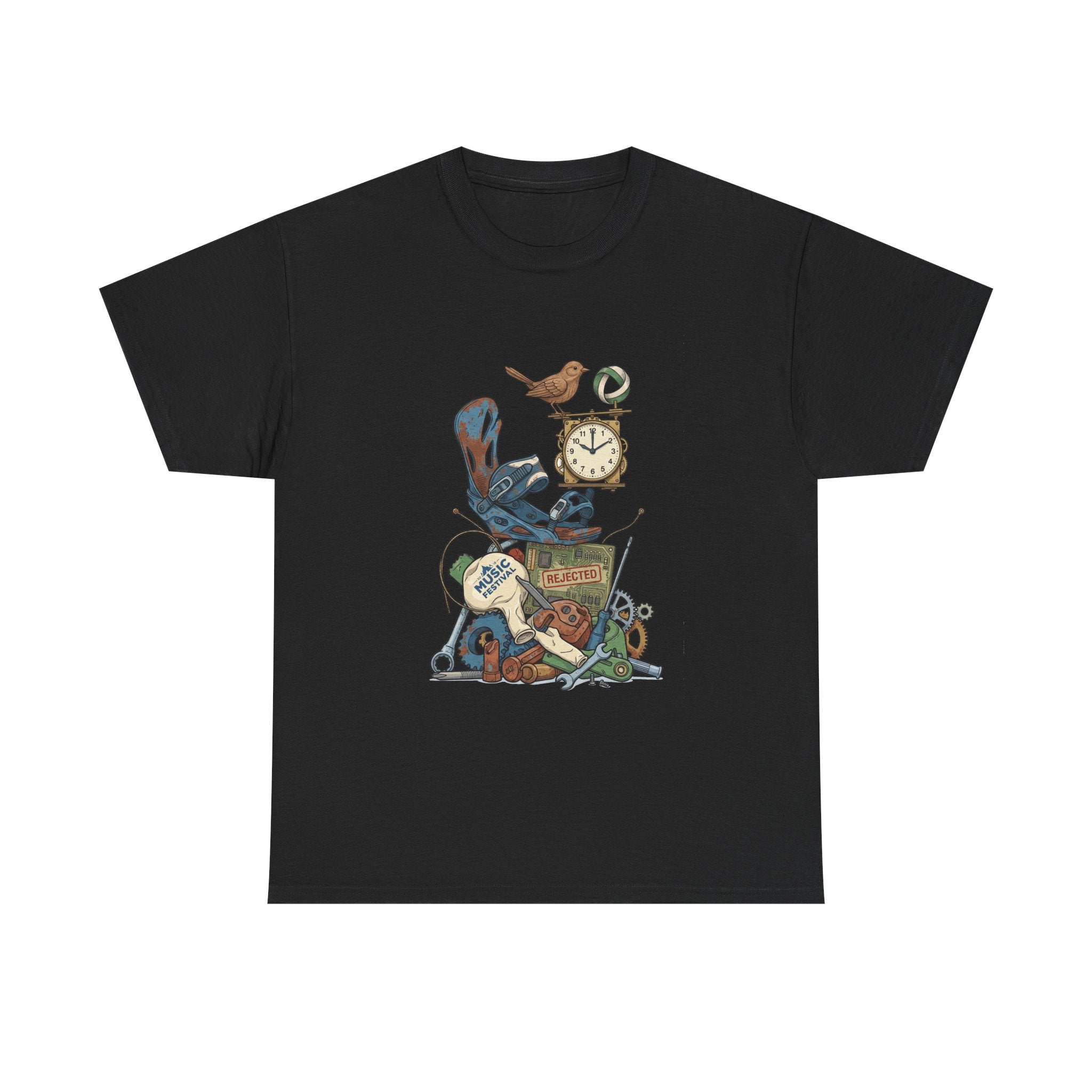 Vintage Hobbies Stack T-Shirt — Retro Clock, Guitar & Tools Illustration