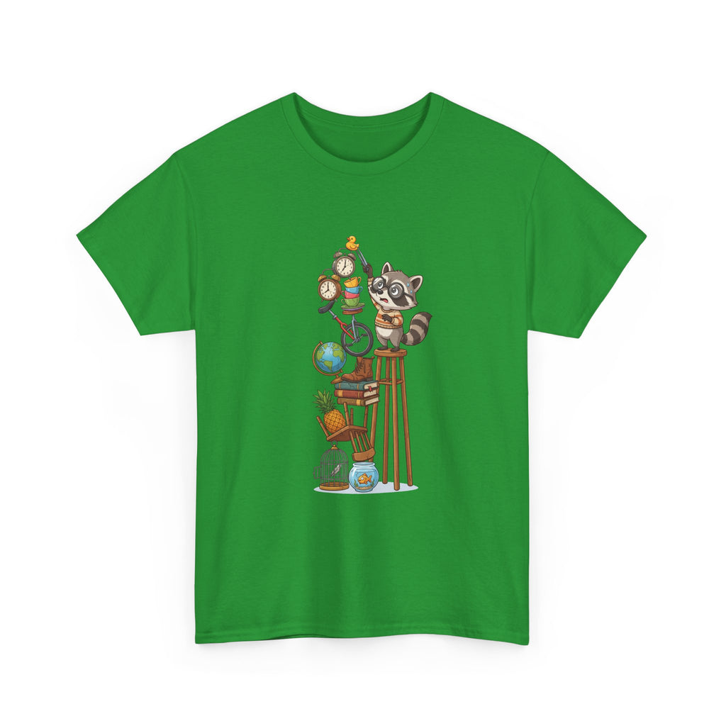 Raccoon & Curiosity Shelf T‑Shirt — Cute Scientist Animal Stack Graphic Tee