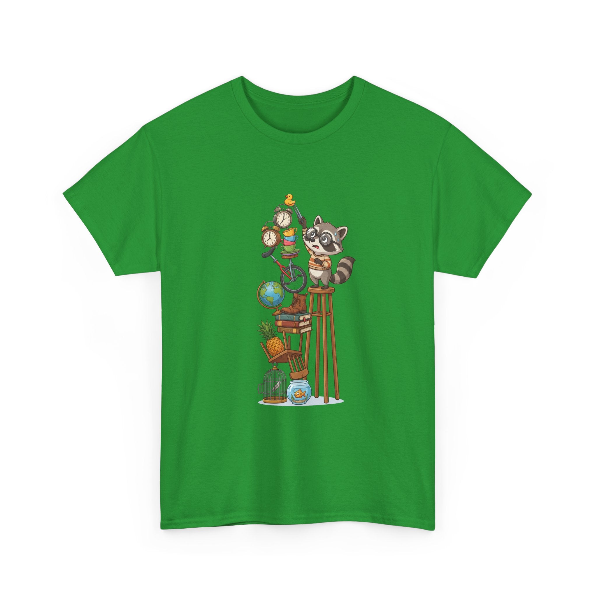 Raccoon & Curiosity Shelf T‑Shirt — Cute Scientist Animal Stack Graphic Tee