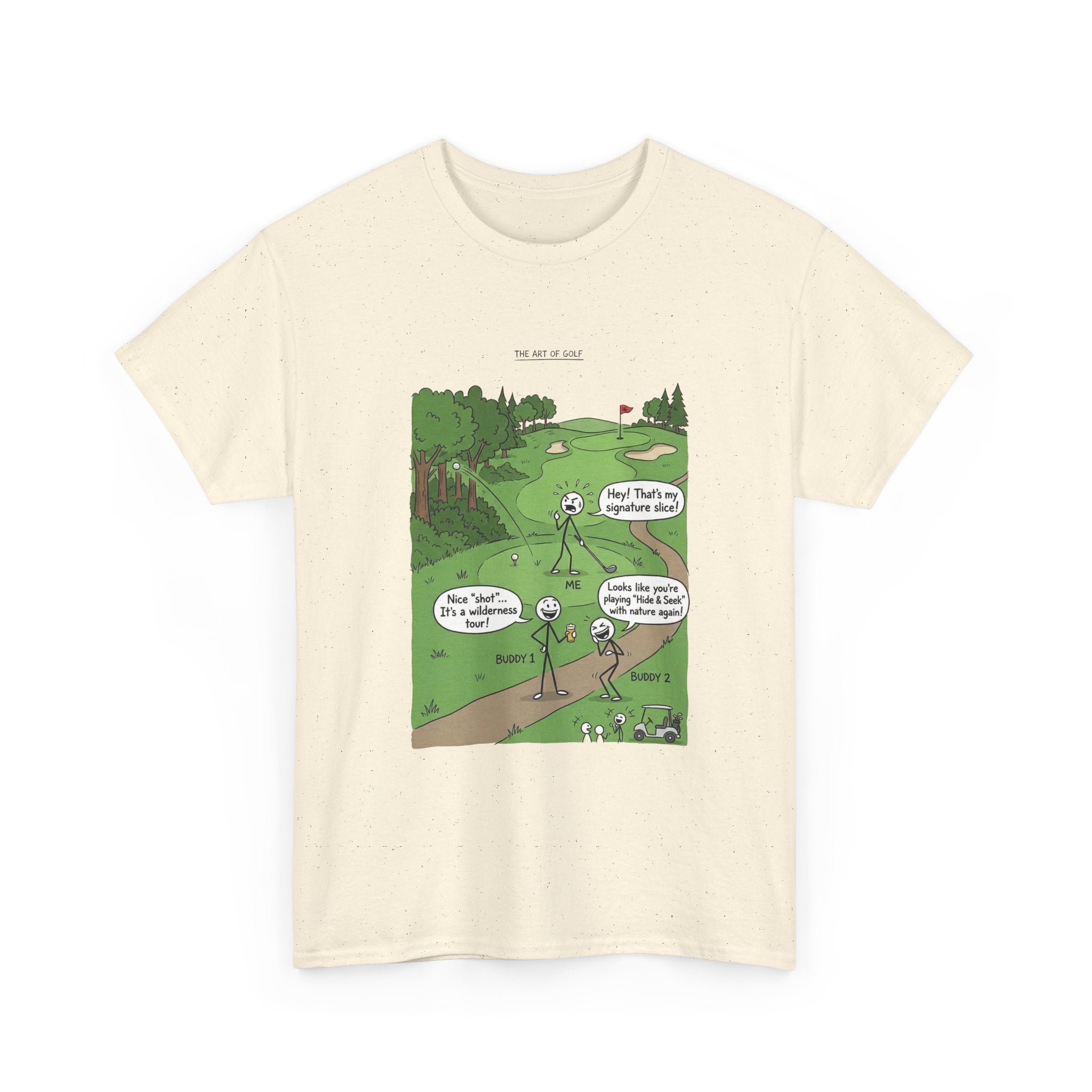Golf Cartoons Graphic Tee — Funny Golf Humor T-Shirt ("Fore! That's a Mulligan, Dad")