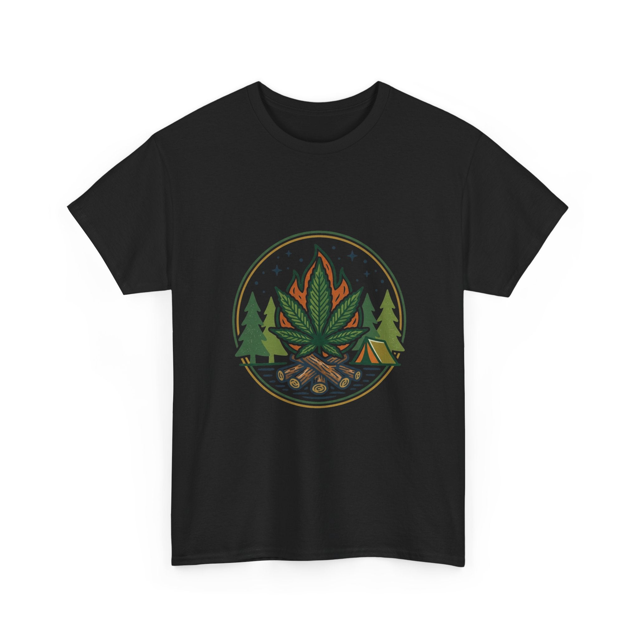 Cannabis Campfire Tee — Outdoor Weed Leaf Forest Graphic T-Shirt