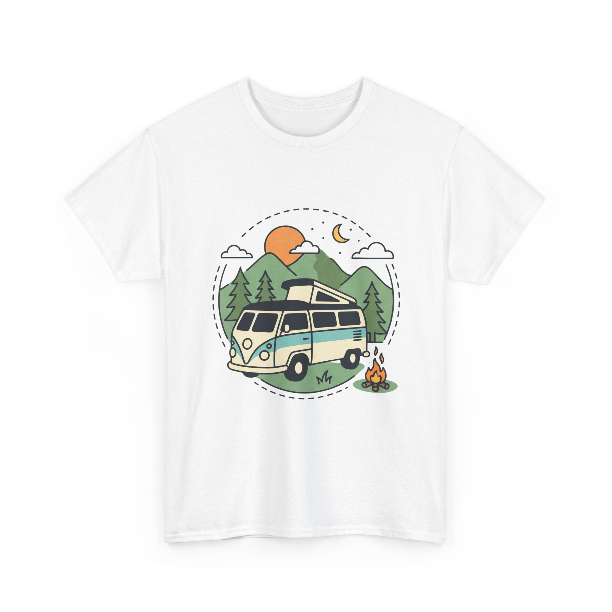 Camper Van Camping T‑Shirt — Retro Van, Mountains & Campfire Tee