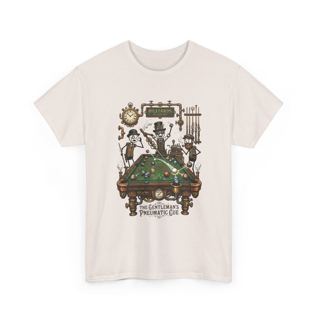 Steampunk Billiards Tee – 'The Gentleman's Pneumatic Cue' Pool Table Graphic Shirt