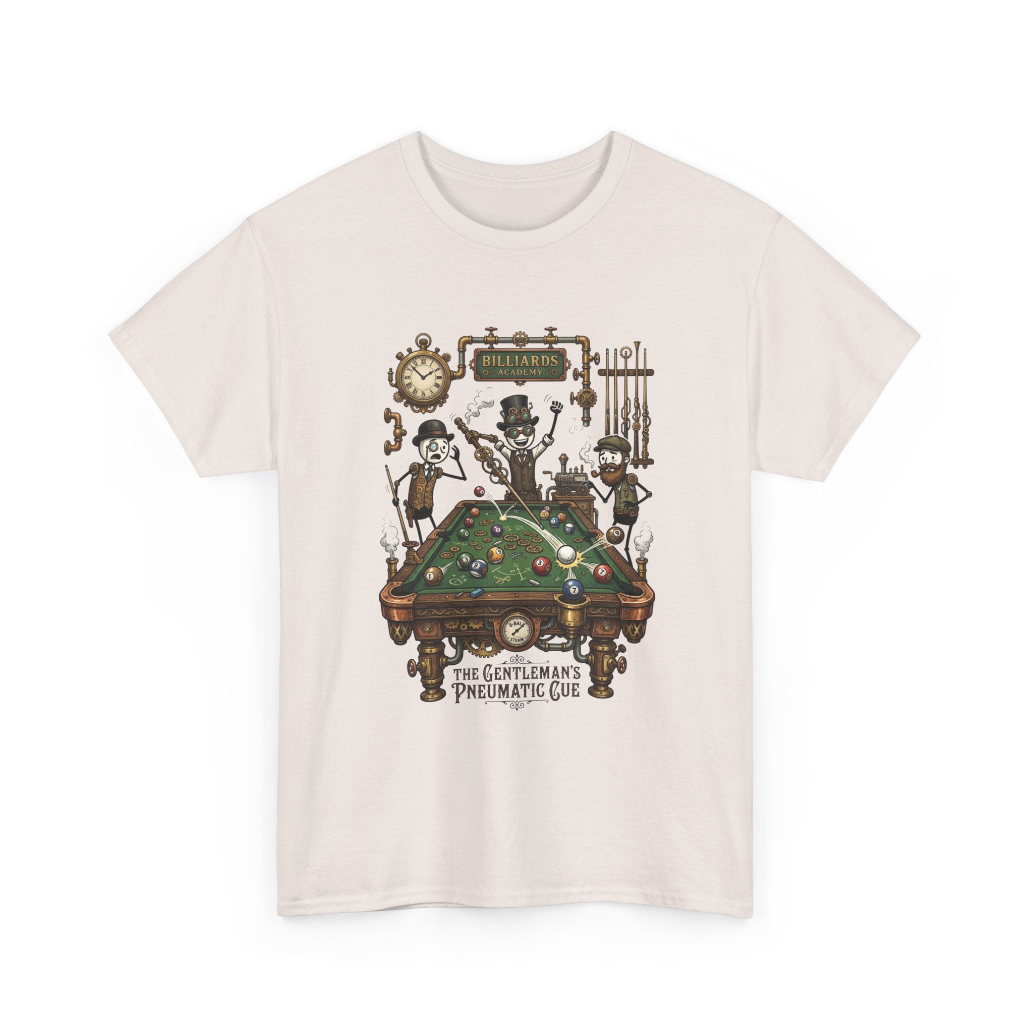 Steampunk Billiards Tee – 'The Gentleman's Pneumatic Cue' Pool Table Graphic Shirt