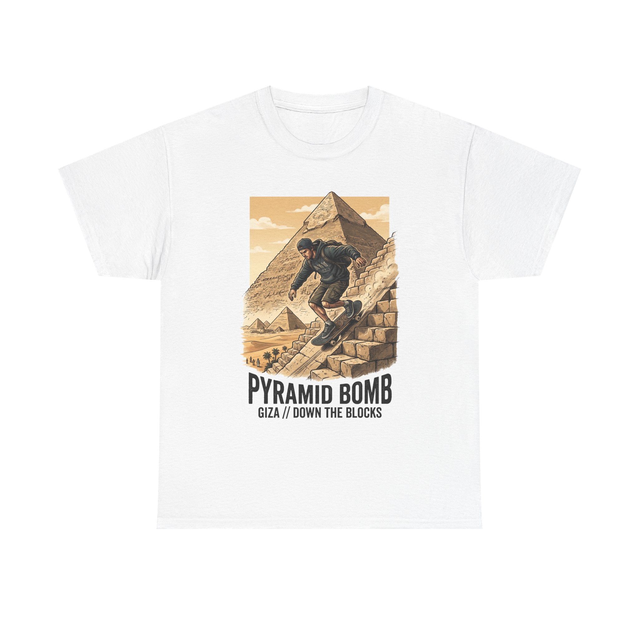 Pyramid Bomb Skateboarding T-Shirt — "Pyramid Bomb: Giza / Down The Blocks" Vintage Skate Tee