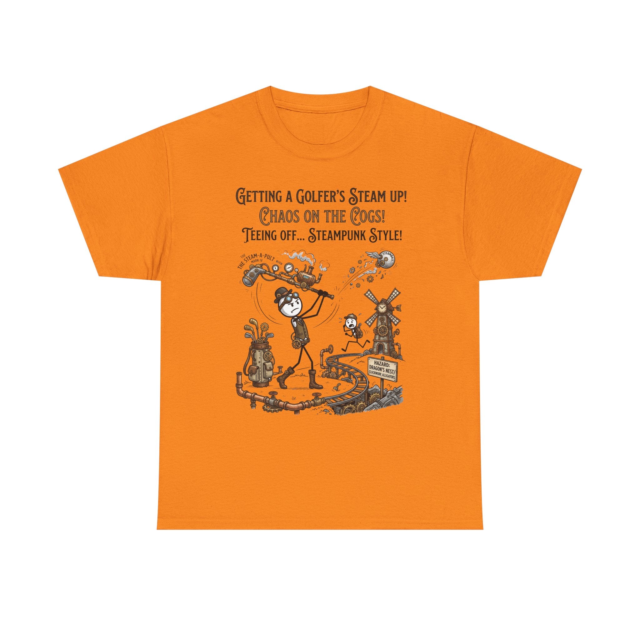 Steampunk Golf T-Shirt - "Getting a Golfer's Steam Up! Chaos on the Cogs" Graphic Tee