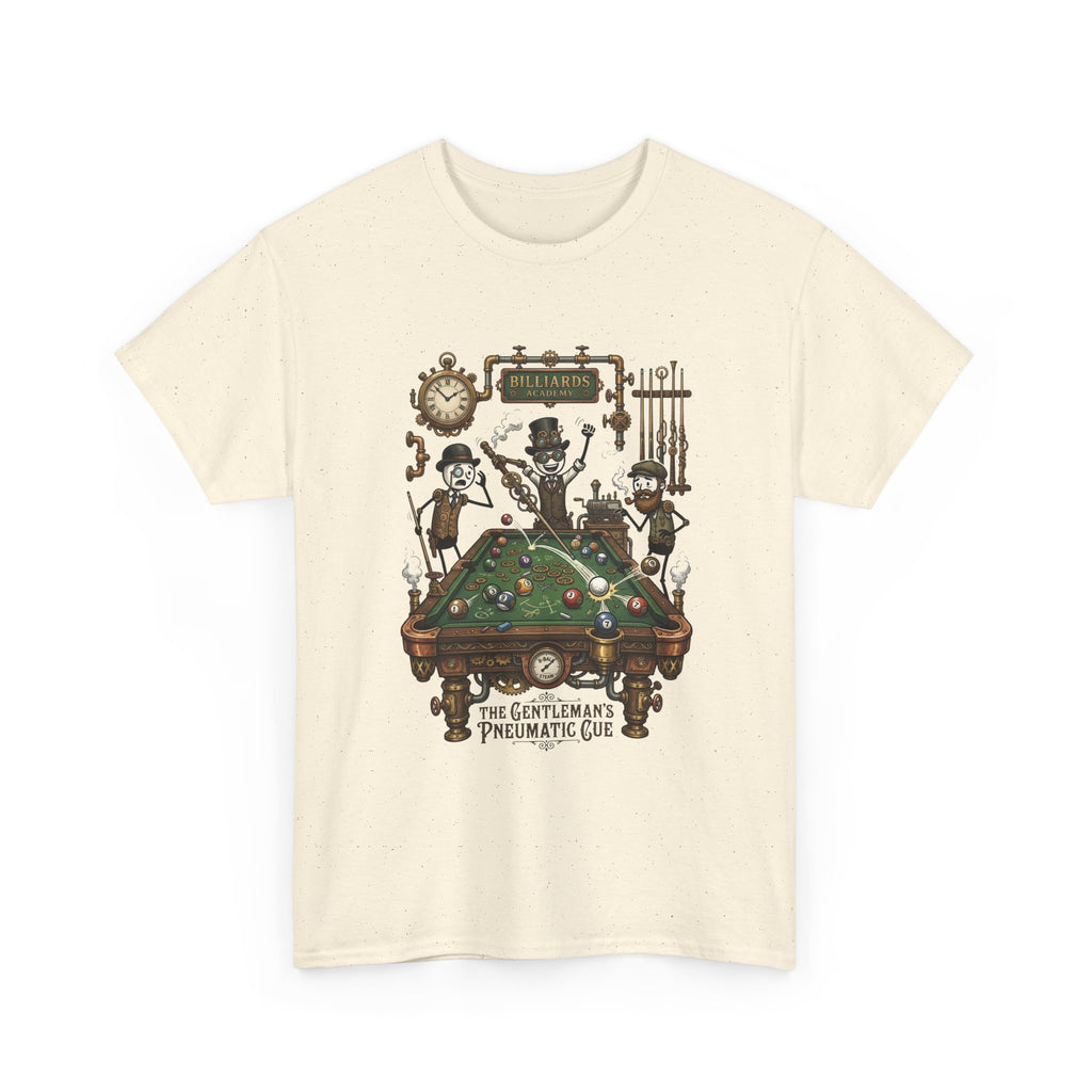 Steampunk Billiards Tee – 'The Gentleman's Pneumatic Cue' Pool Table Graphic Shirt