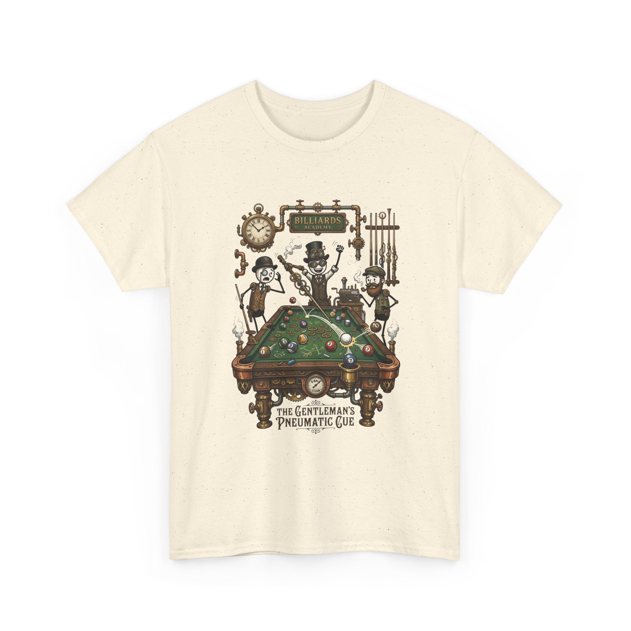 Steampunk Billiards Tee – 'The Gentleman's Pneumatic Cue' Pool Table Graphic Shirt