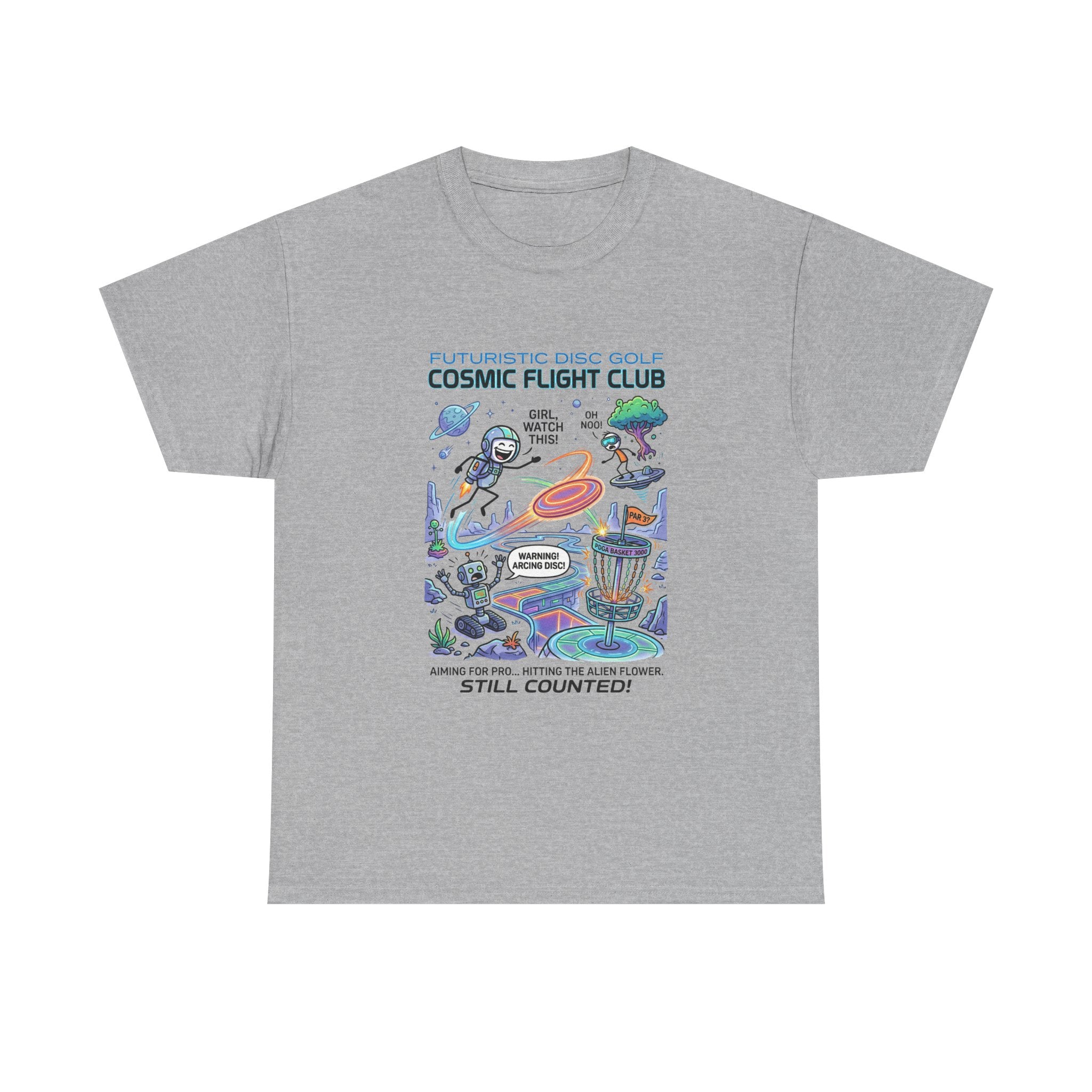 Cosmic Flight Club Disc Golf T-Shirt — Futuristic Outer Space Design