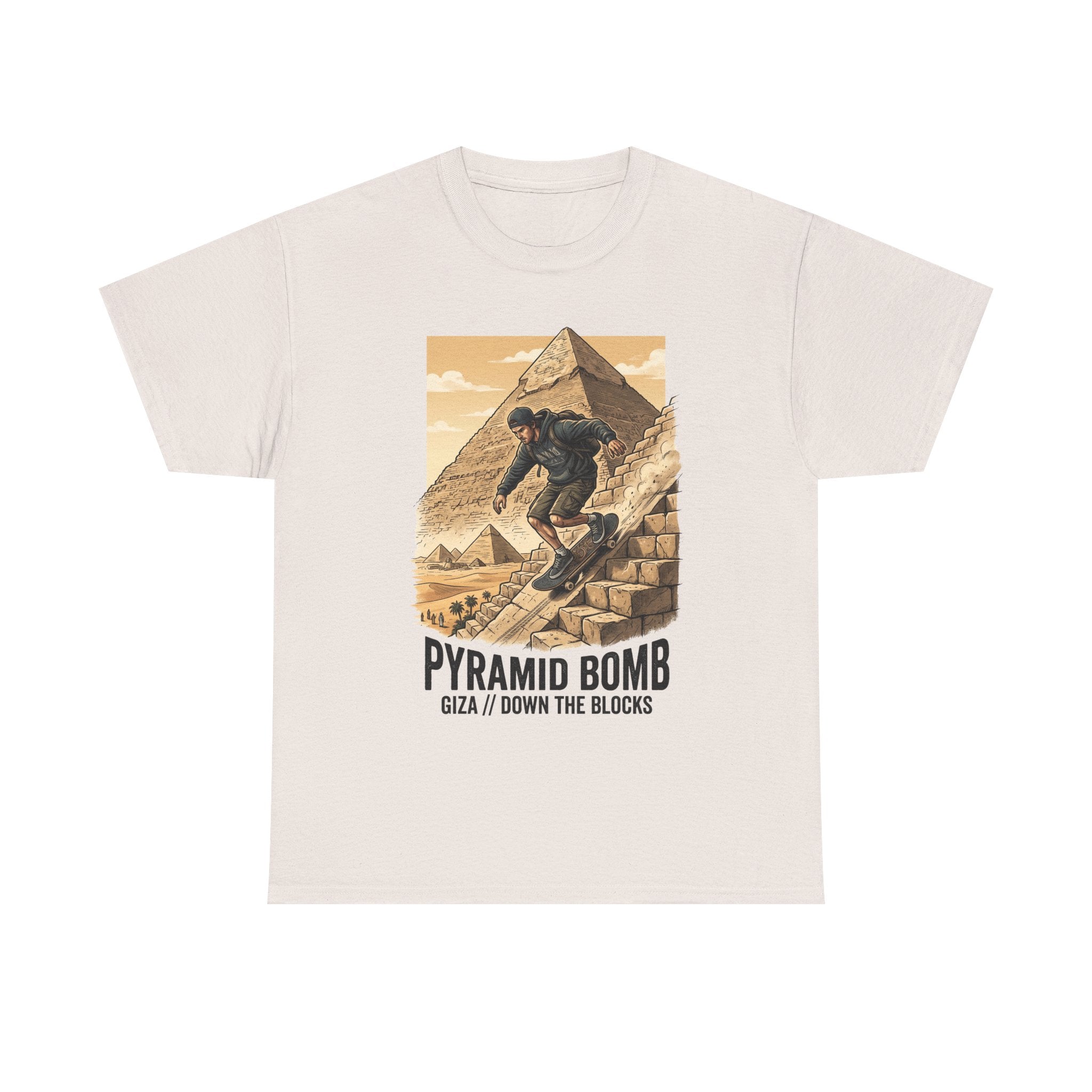 Pyramid Bomb Skateboarding T-Shirt — "Pyramid Bomb: Giza / Down The Blocks" Vintage Skate Tee