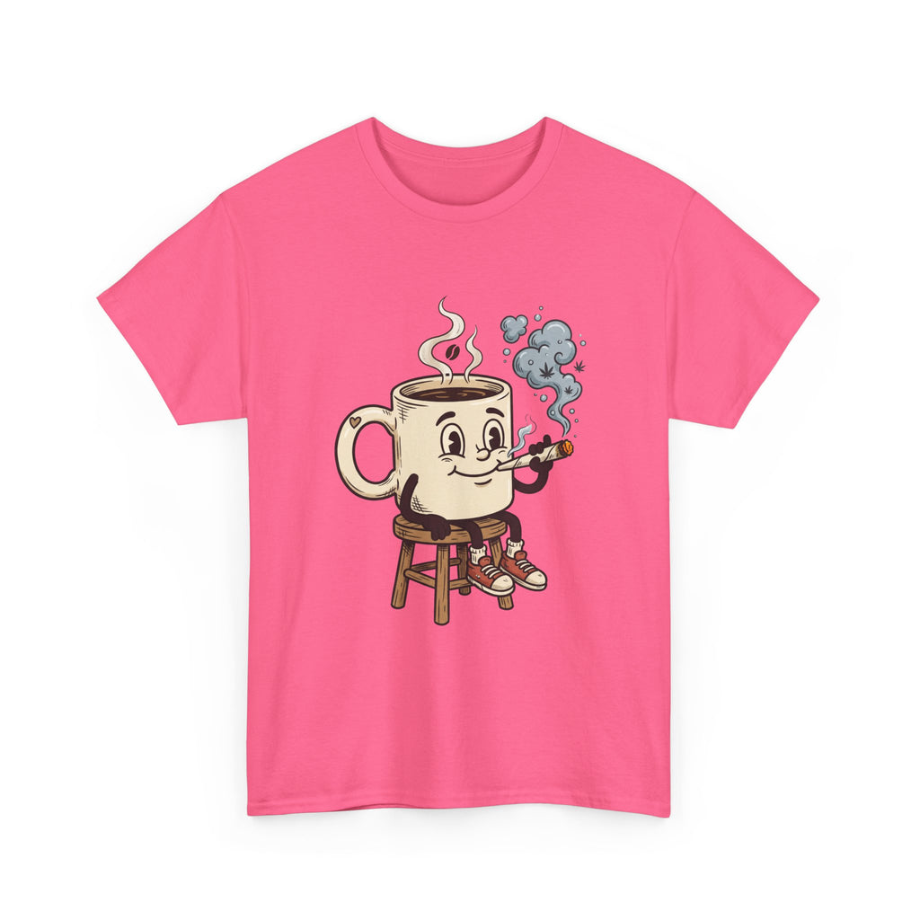 Coffee and a joint Character Tee — Retro Smiling Cup Smoking weed Graphic T-Shirt