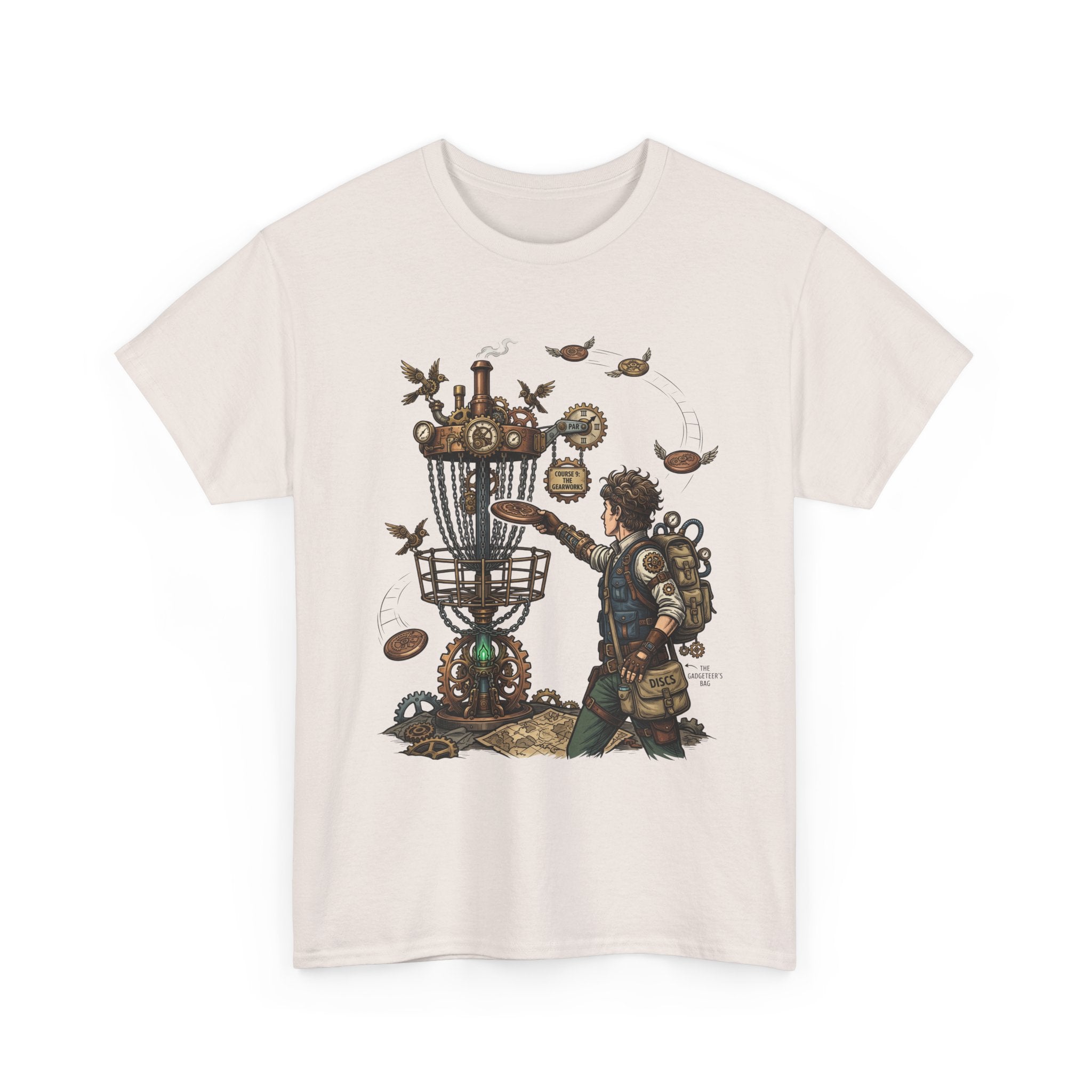 Disc Golf Adventure T‑Shirt — Steampunk Player & Birdie Basket Graphic Tee