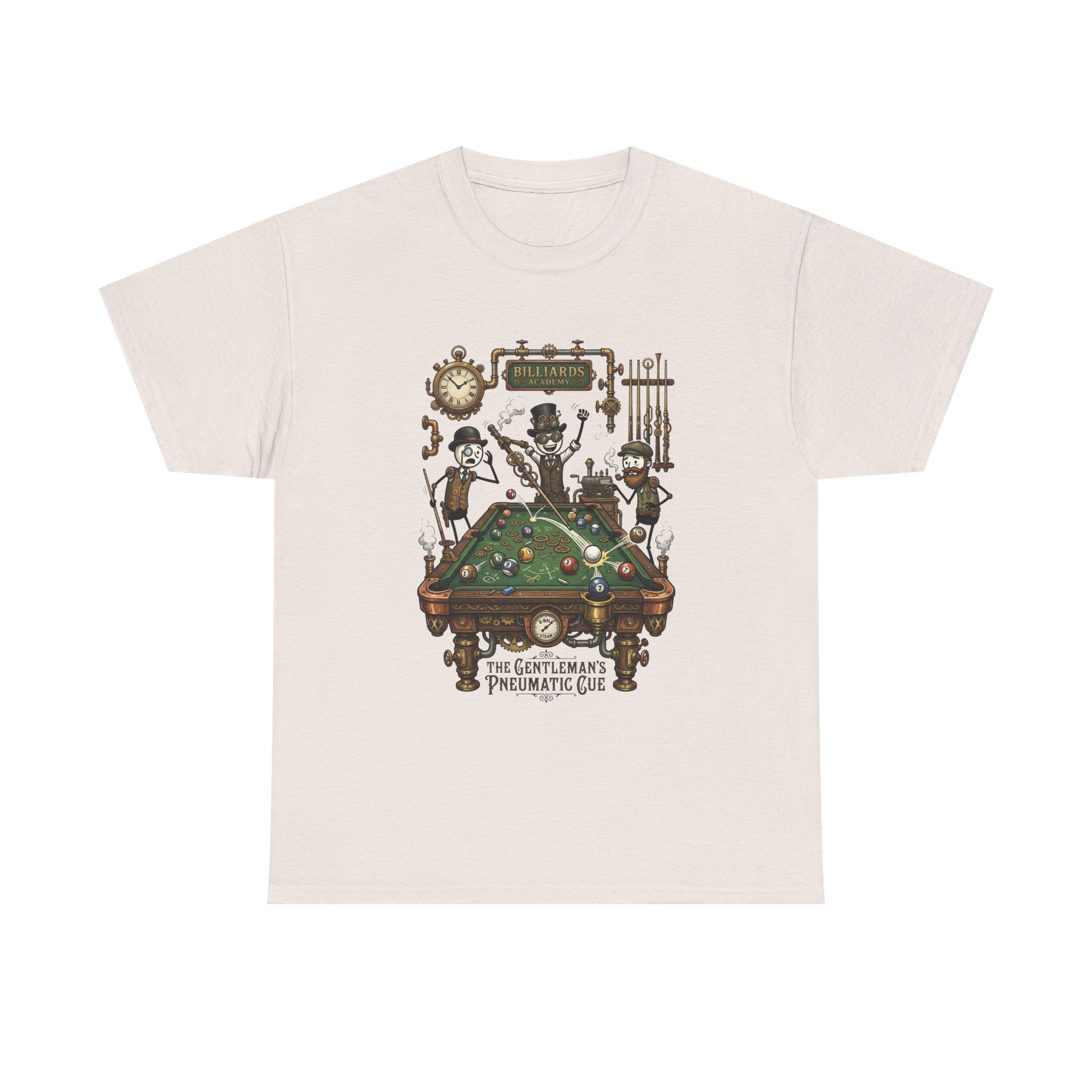 Steampunk Billiards Tee – 'The Gentleman's Pneumatic Cue' Pool Table Graphic Shirt