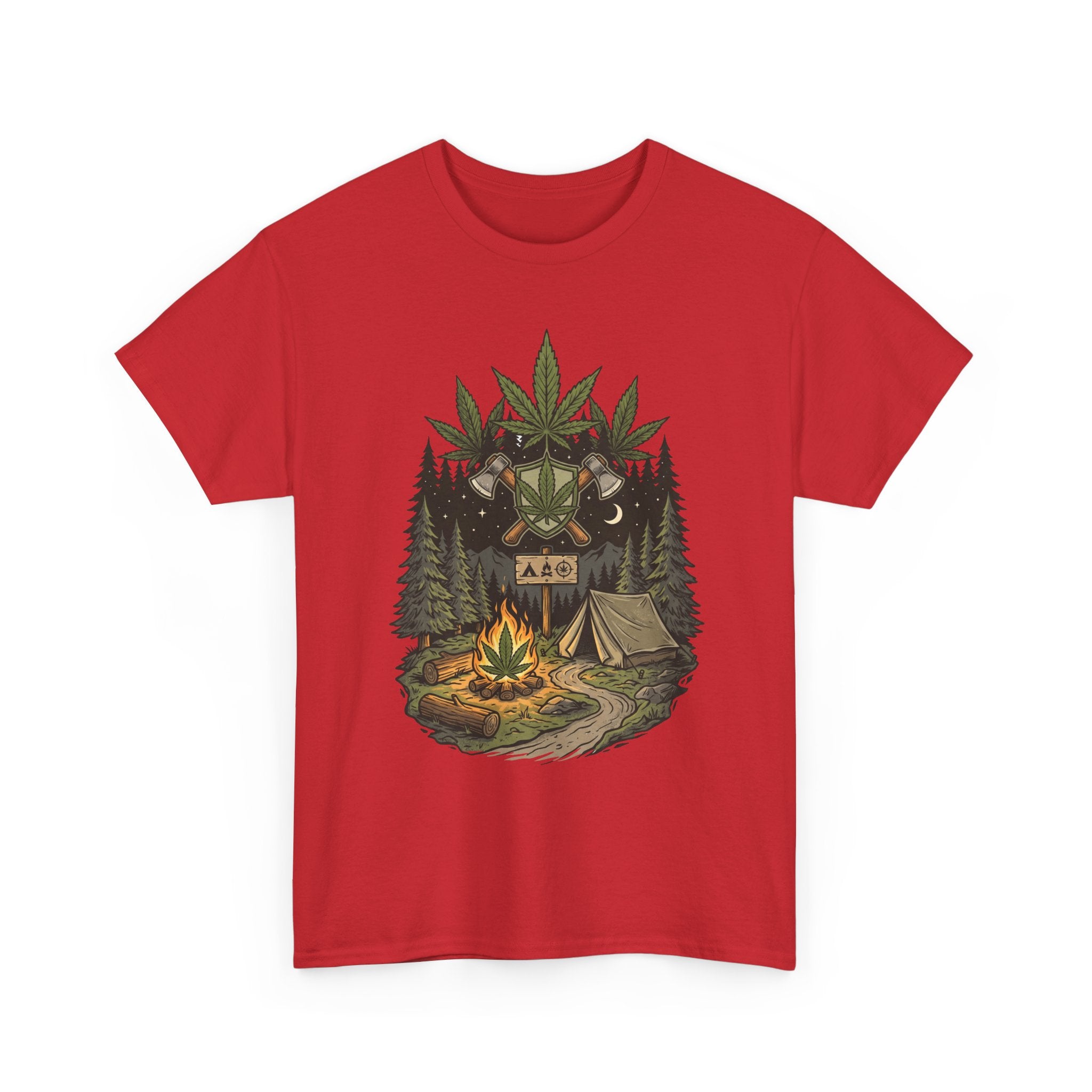 Camping Bear Graphic Tee — Forest Campfire & Leaf Emblem T-Shirt