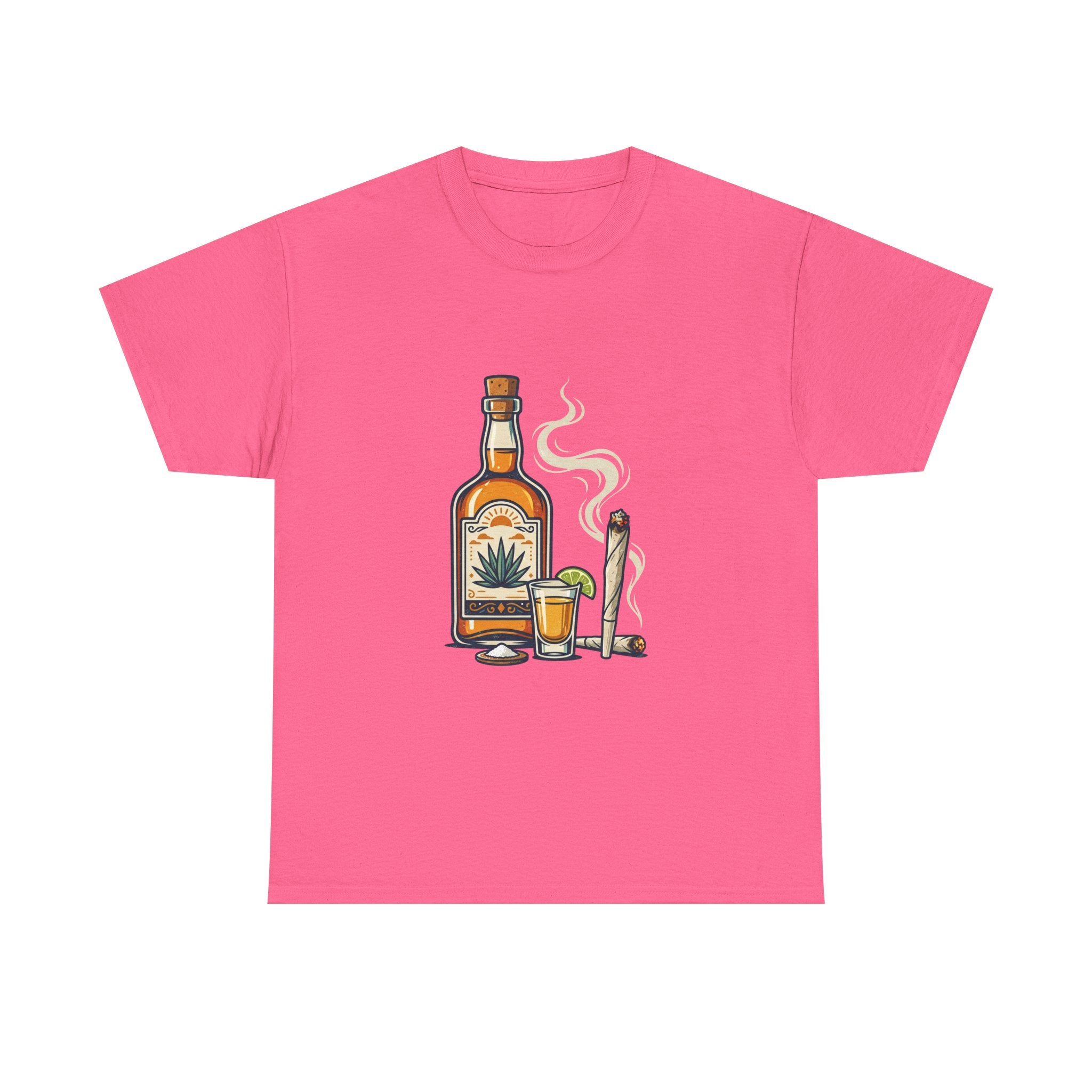 Tequila & Joint T-Shirt — Mexican Agave Bottle with Shot Glass and Joint Graphic