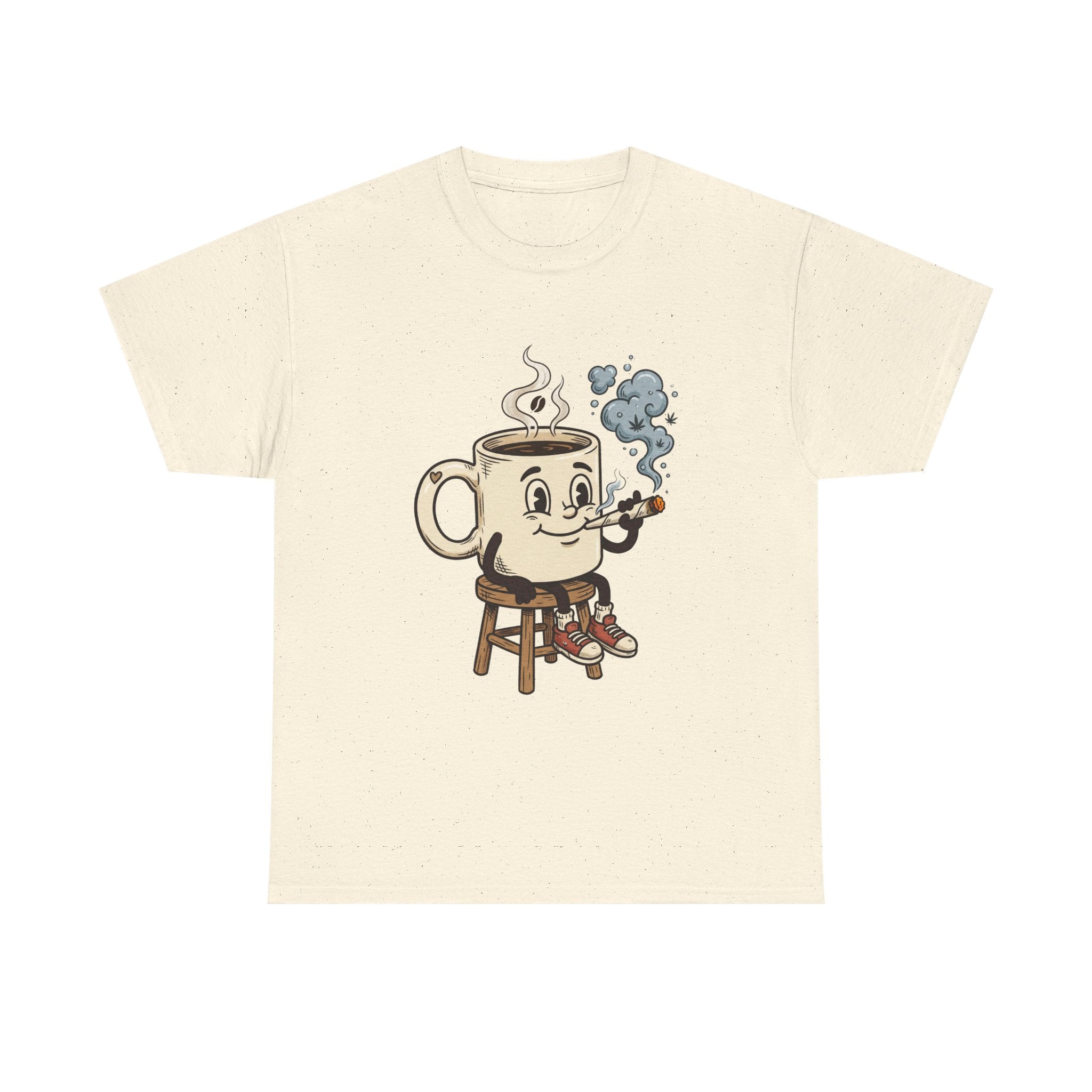 Coffee and a joint Character Tee — Retro Smiling Cup Smoking weed Graphic T-Shirt