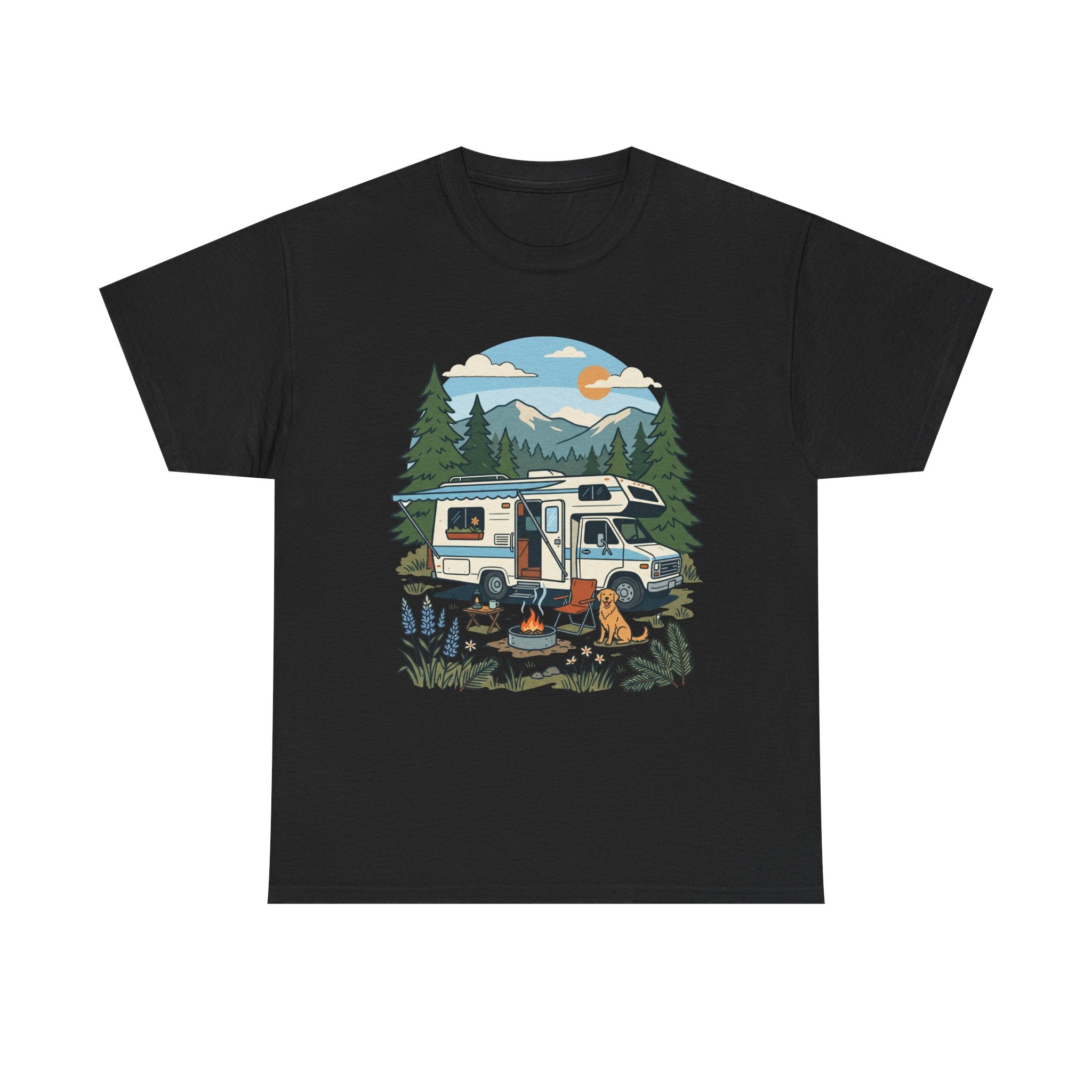 Camper Van Camping T‑Shirt — Retro RV Campfire Graphic Tee for Outdoors Lovers