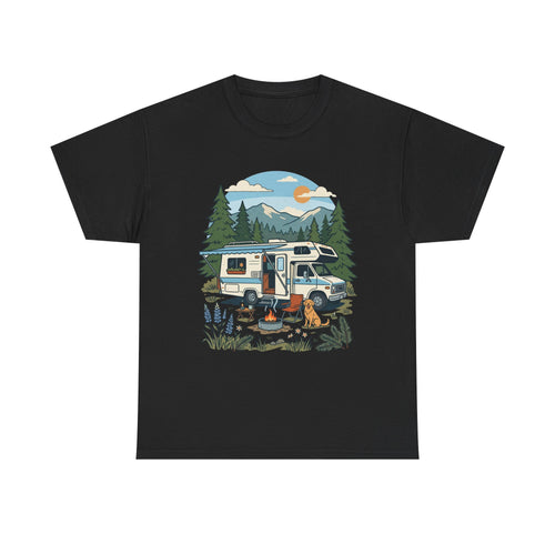 Camper Van Camping T‑Shirt — Retro RV Campfire Graphic Tee for Outdoors Lovers