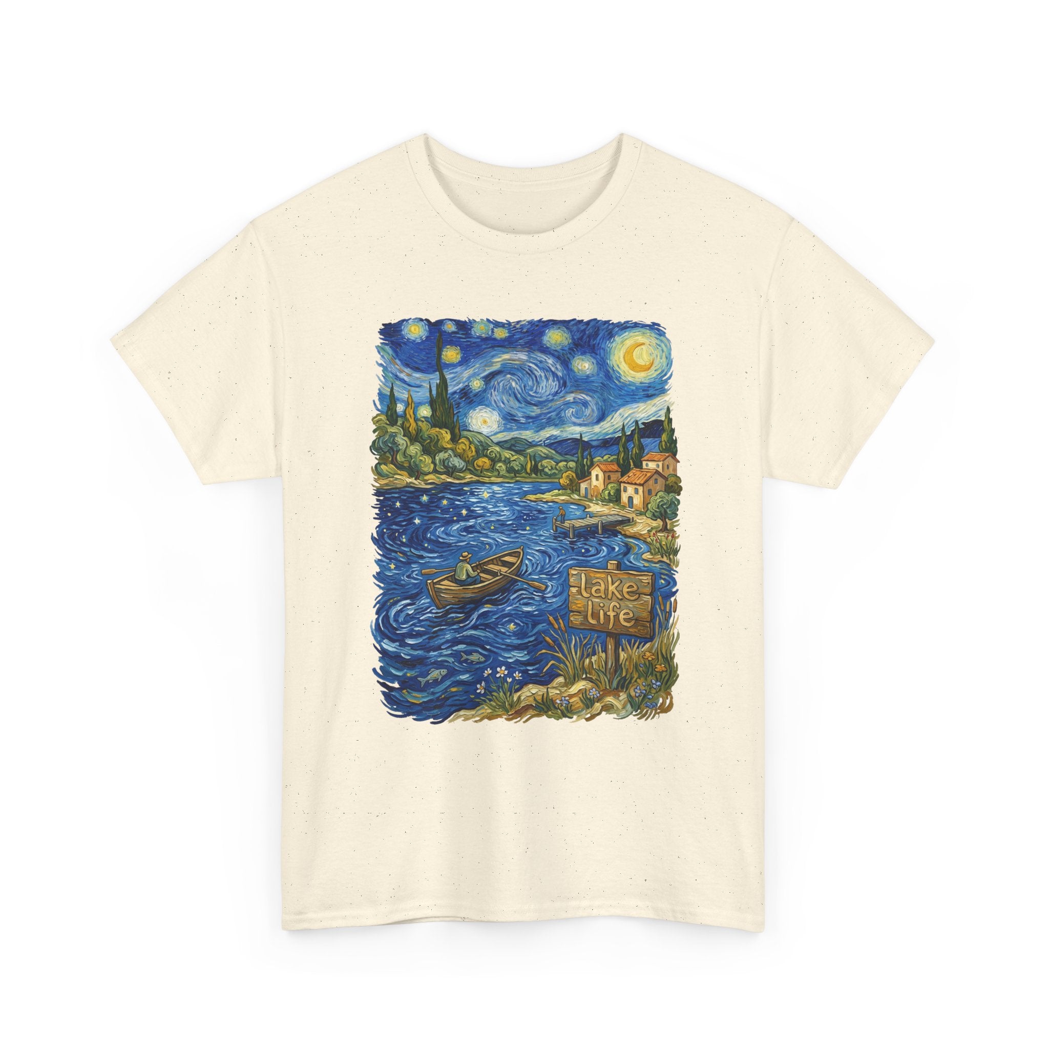 T-Shirt — Van Gogh Night Lake Art Tee (Boat on Starry Night)