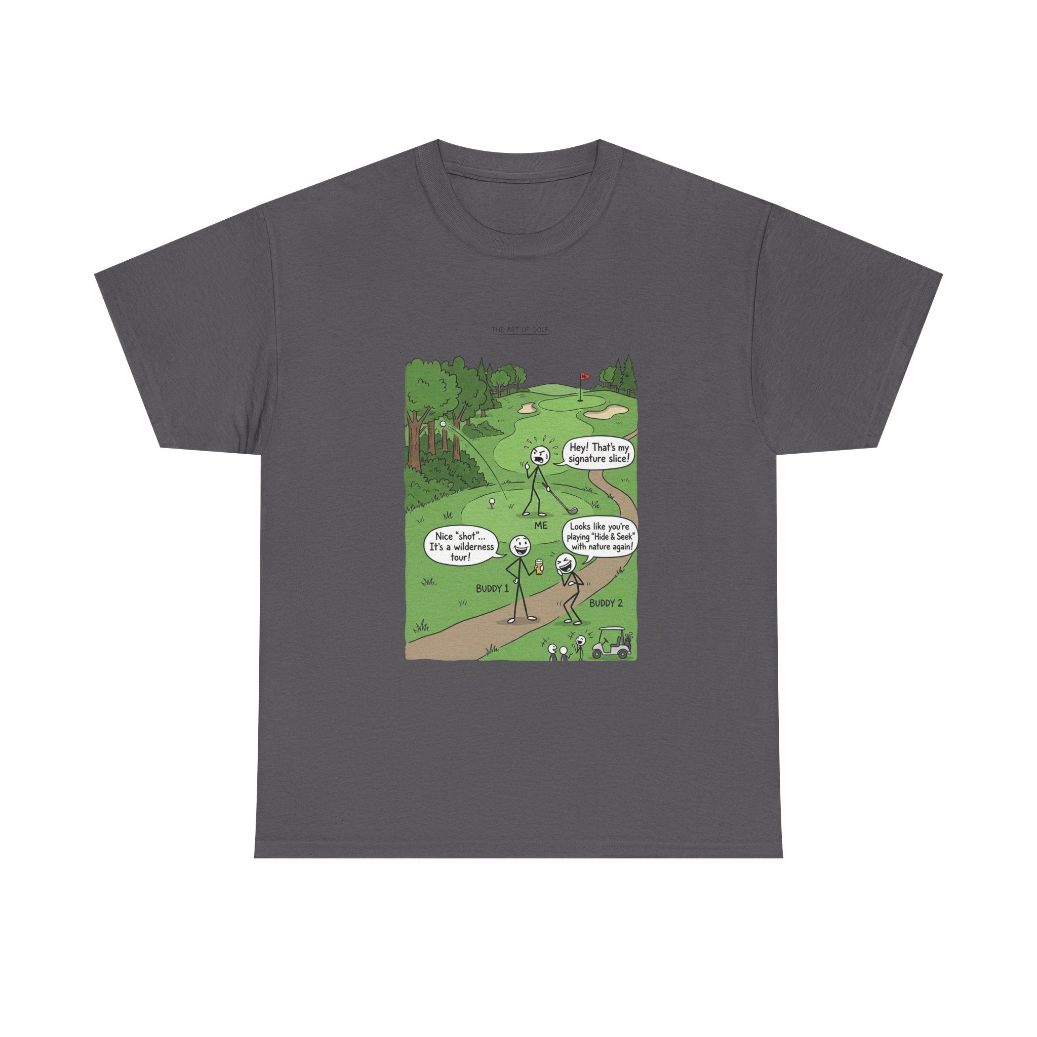 Golf Cartoons Graphic Tee — Funny Golf Humor T-Shirt ("Fore! That's a Mulligan, Dad")