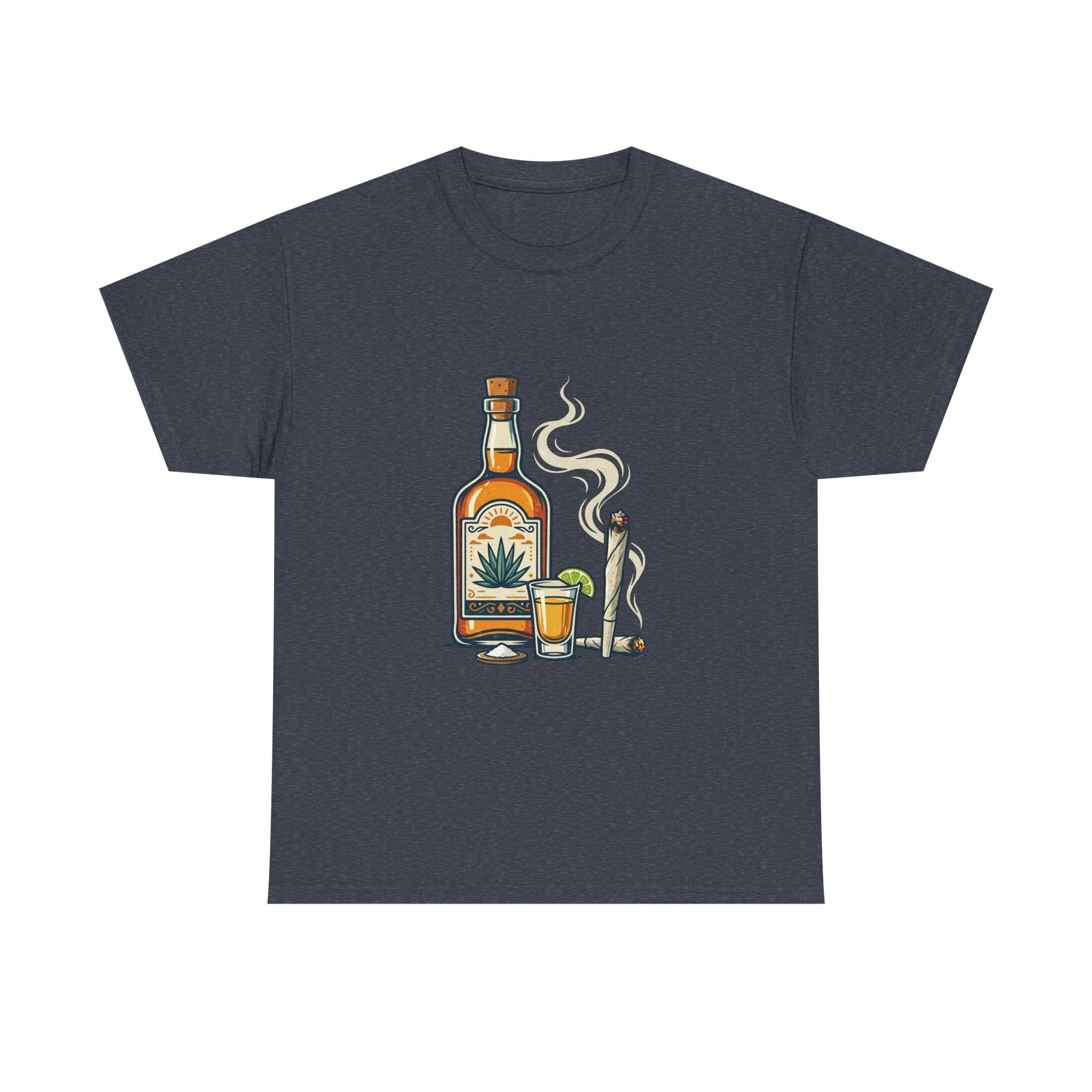 Tequila & Joint T-Shirt — Mexican Agave Bottle with Shot Glass and Joint Graphic