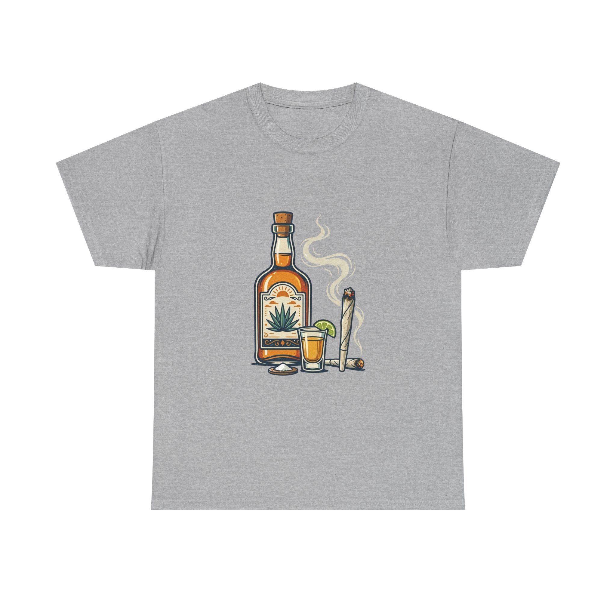 Tequila & Joint T-Shirt — Mexican Agave Bottle with Shot Glass and Joint Graphic