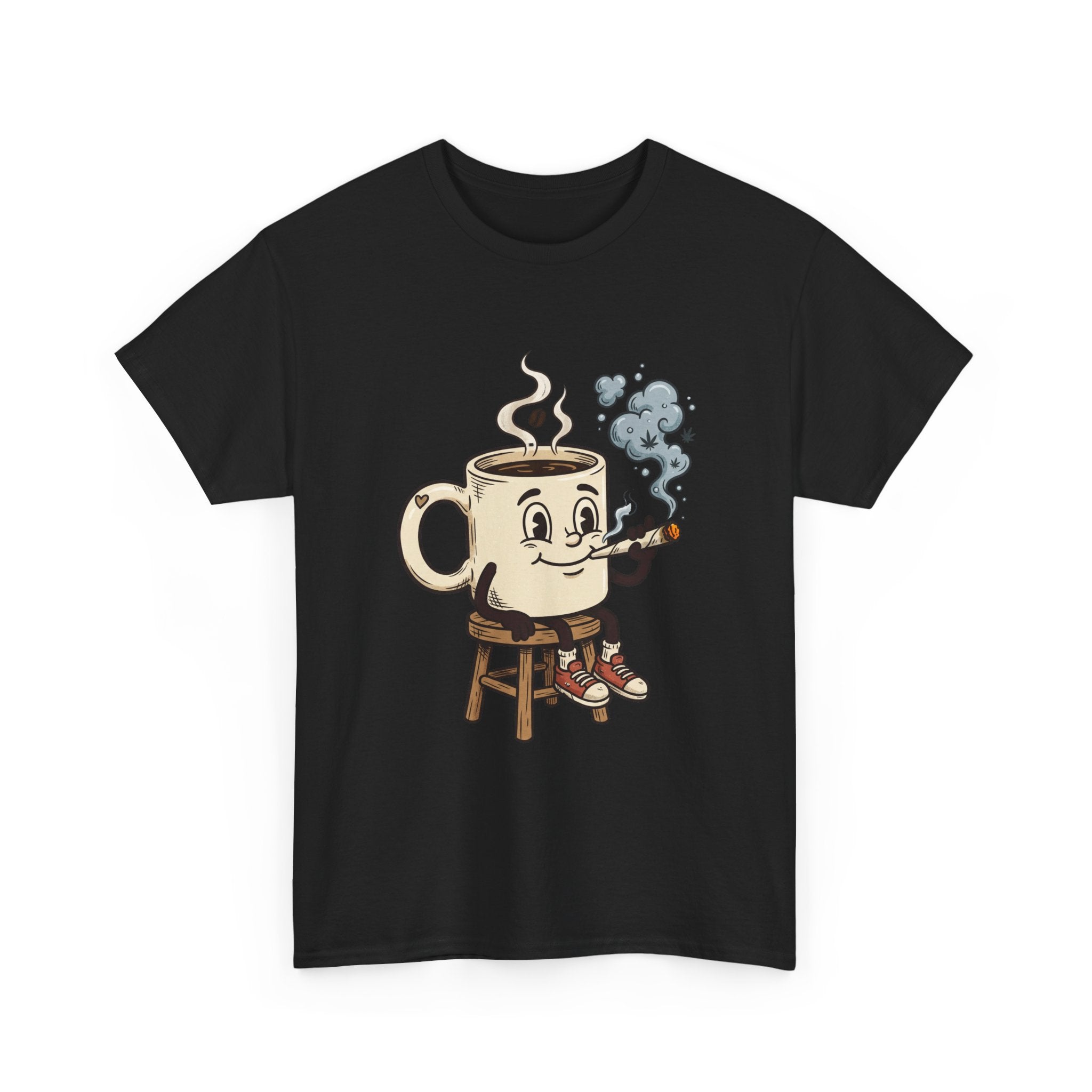 Coffee and a joint Character Tee — Retro Smiling Cup Smoking weed Graphic T-Shirt