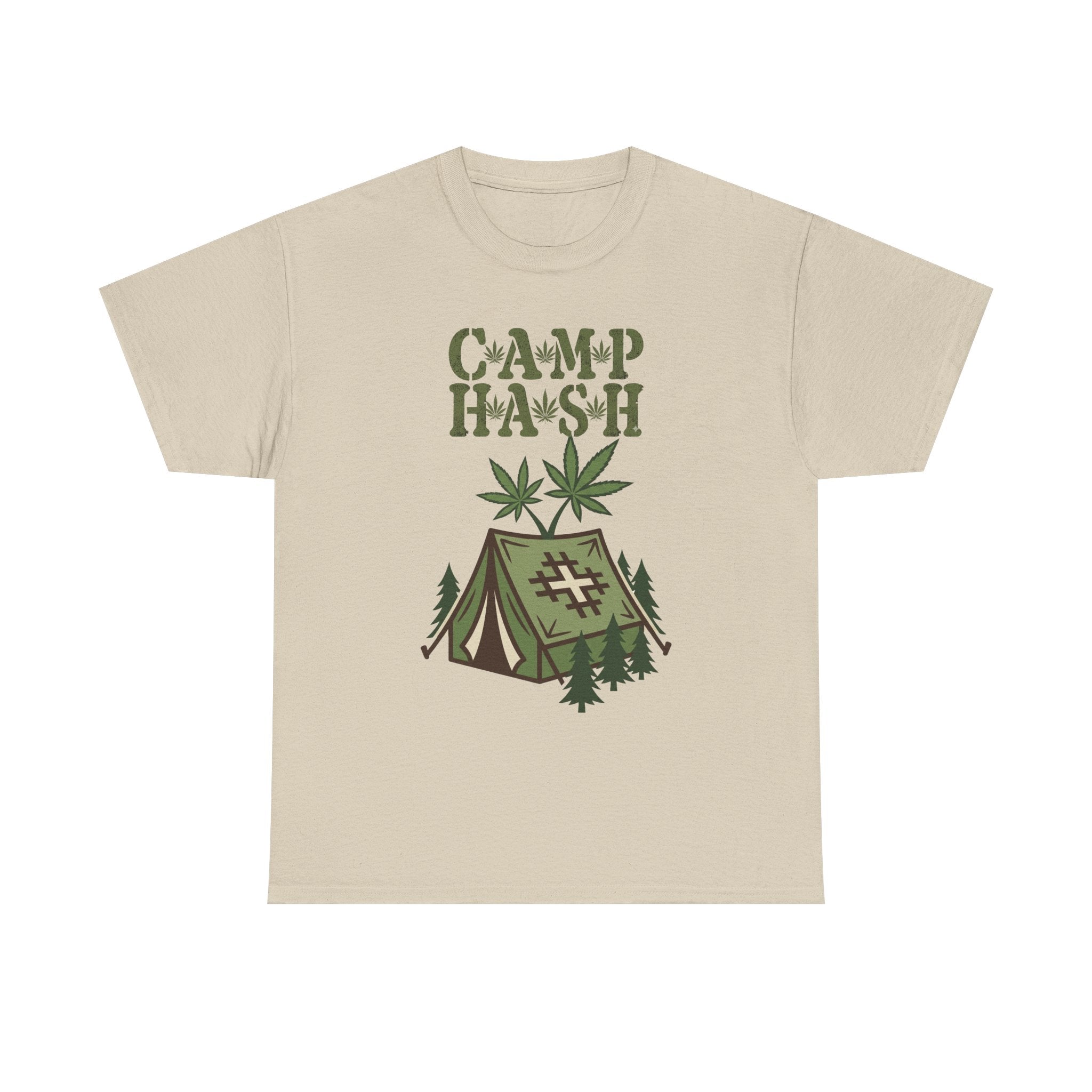 Camp Hash Cannabis Camping T‑Shirt — Retro Tent & Leaf Outdoor Smoke Tee