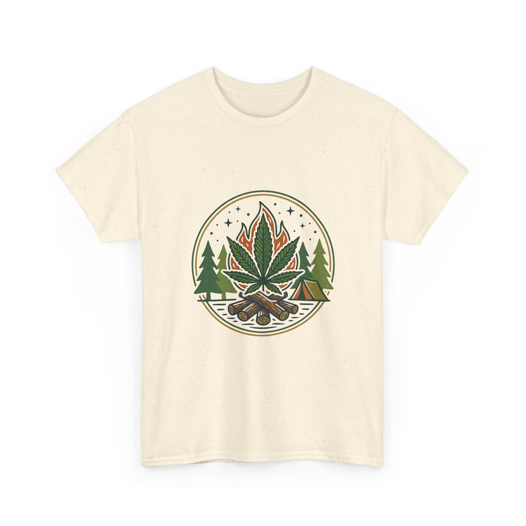 Cannabis Campfire Tee — Outdoor Weed Leaf Forest Graphic T-Shirt