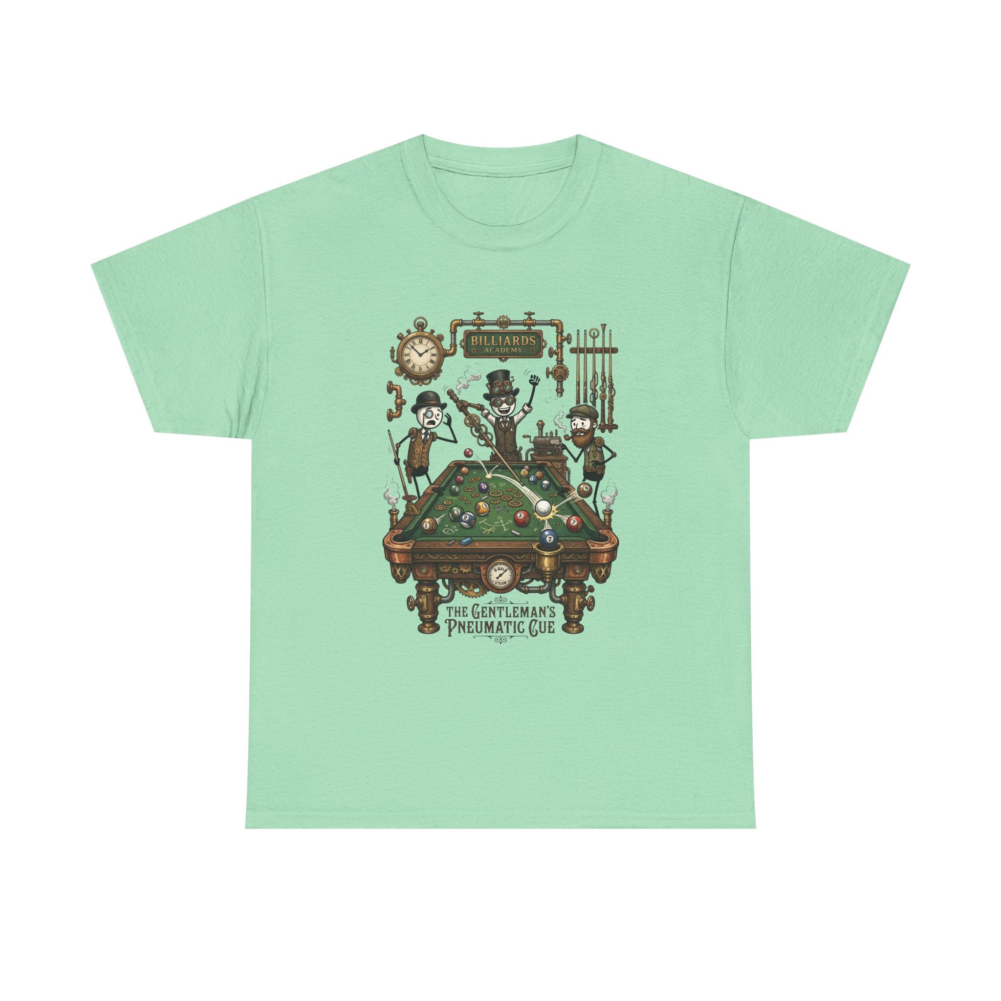 Steampunk Billiards Tee – 'The Gentleman's Pneumatic Cue' Pool Table Graphic Shirt