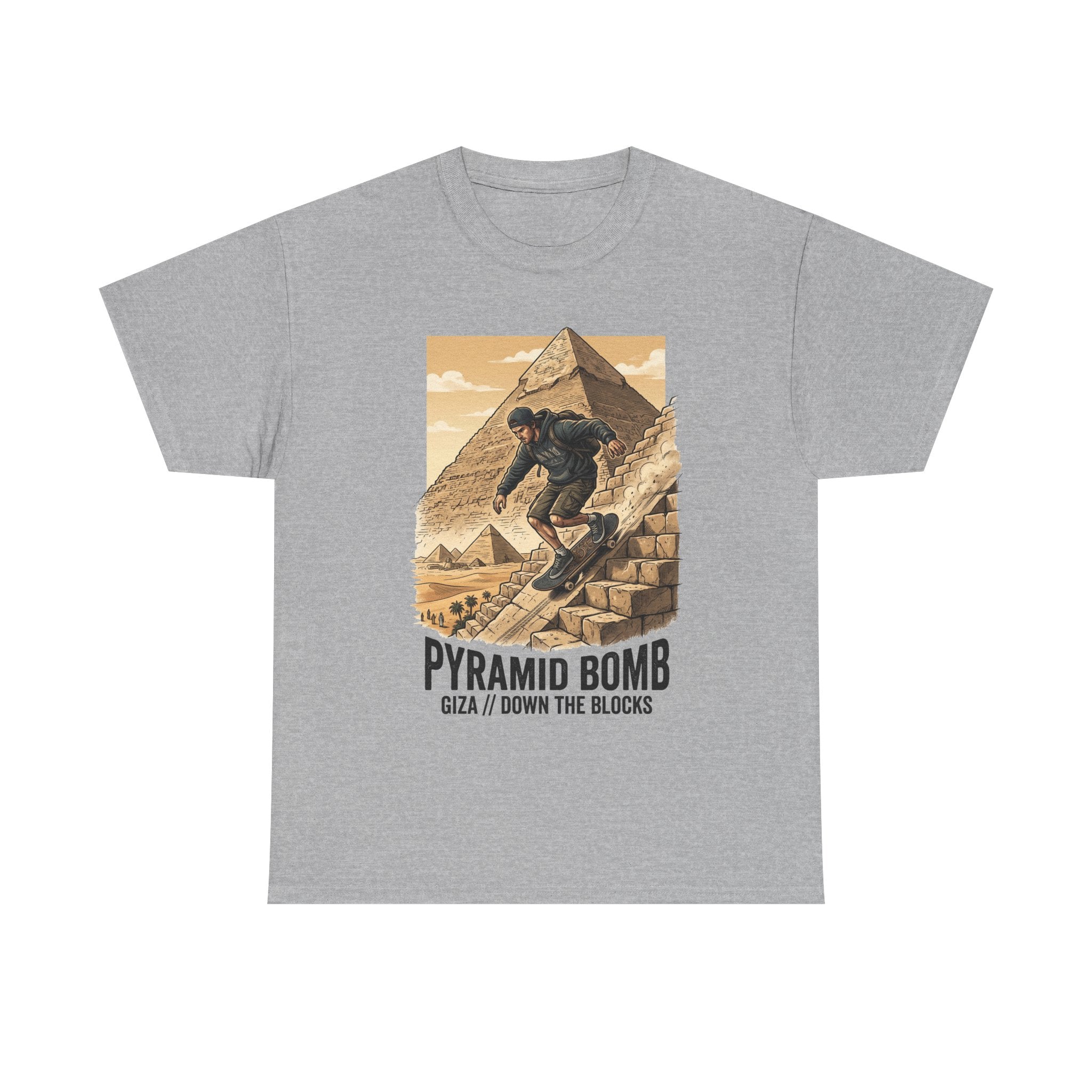 Pyramid Bomb Skateboarding T-Shirt — "Pyramid Bomb: Giza / Down The Blocks" Vintage Skate Tee
