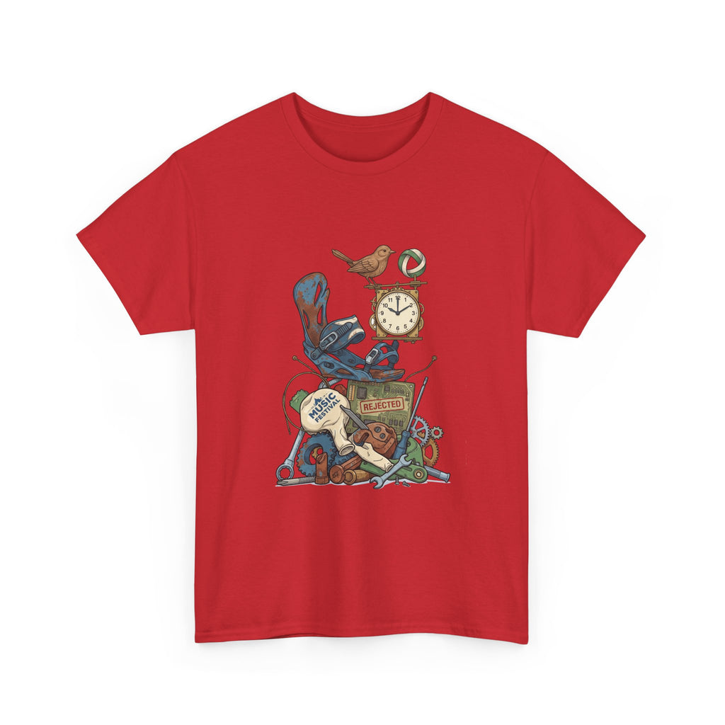 Vintage Hobbies Stack T-Shirt — Retro Clock, Guitar & Tools Illustration