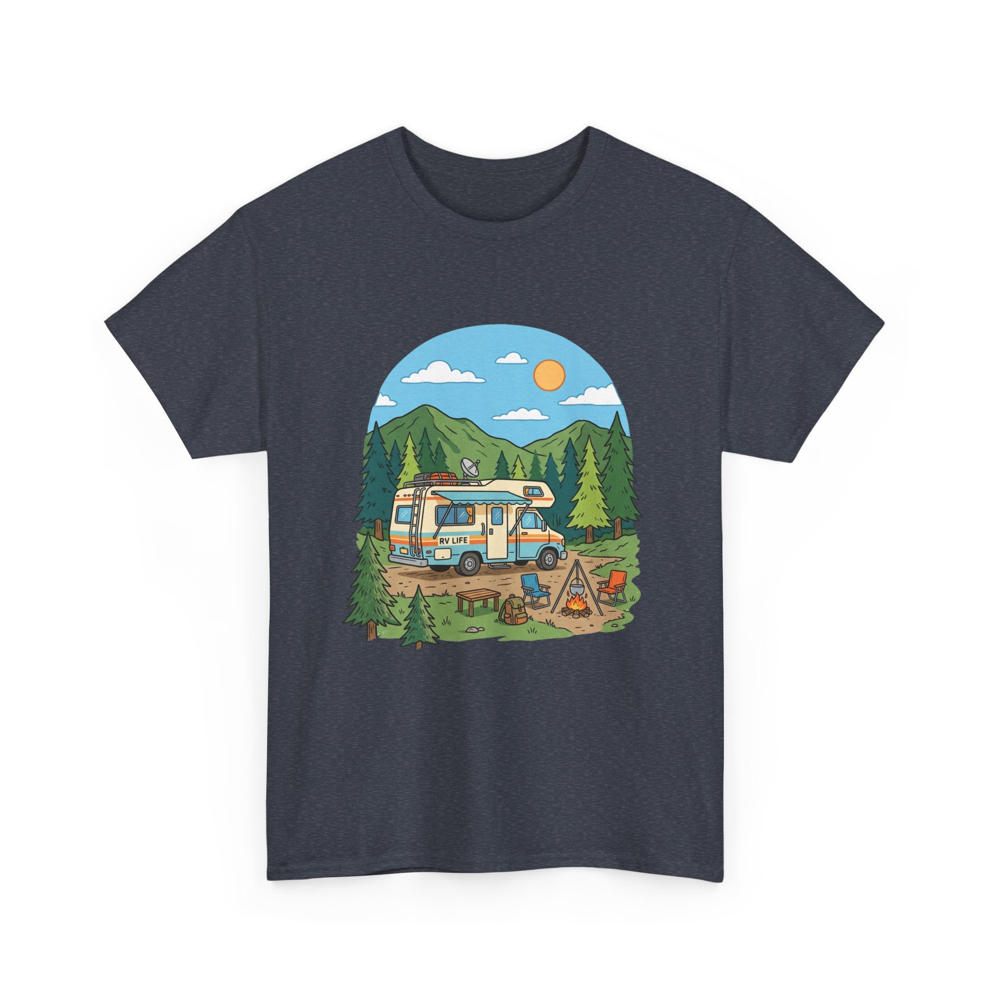 Camping Van Graphic Tee — Retro Camper Van & Campfire Outdoor Shirt