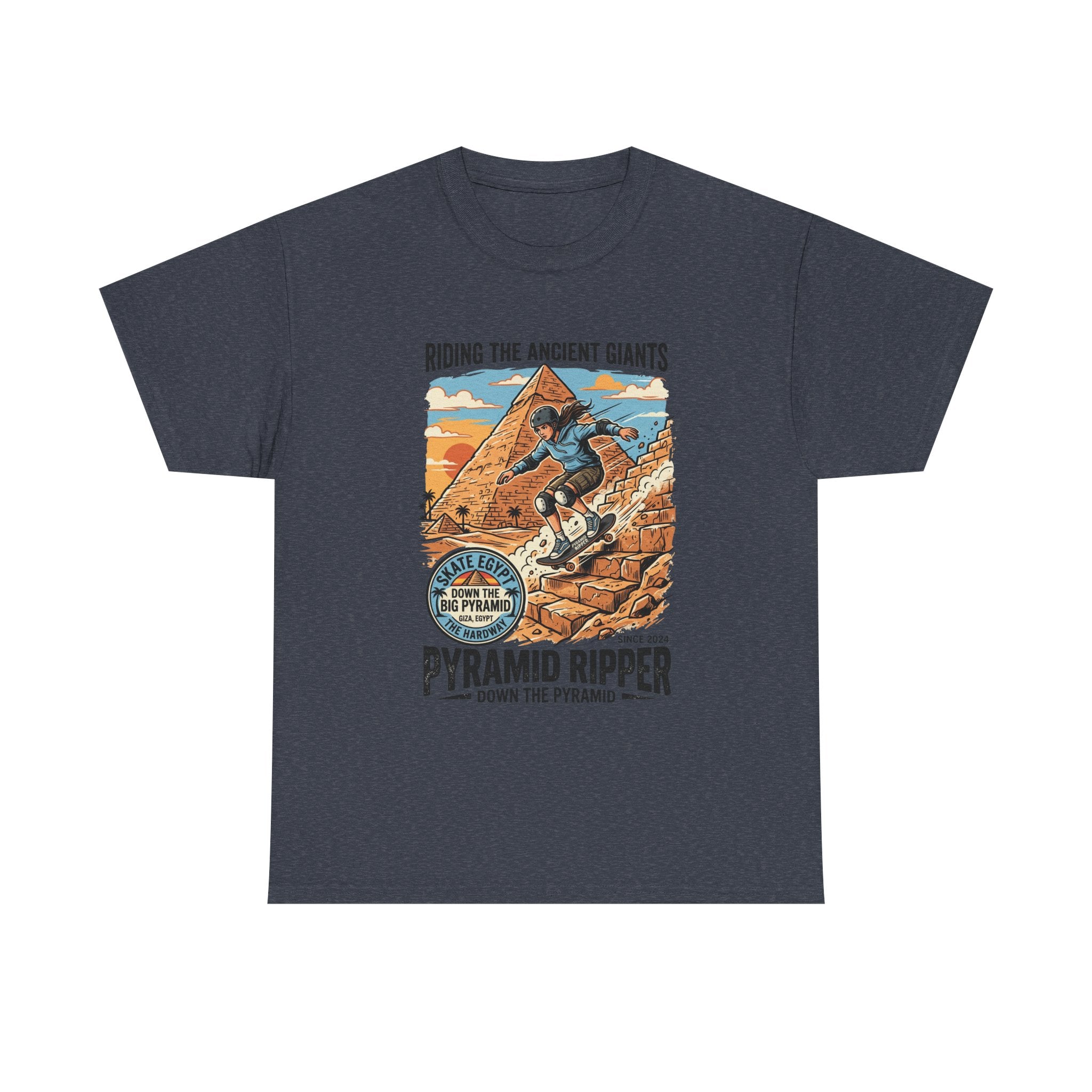 Pyramid Skateboarder T-Shirt — 'Riding the Ancient Giants' Vintage Surf Graphic