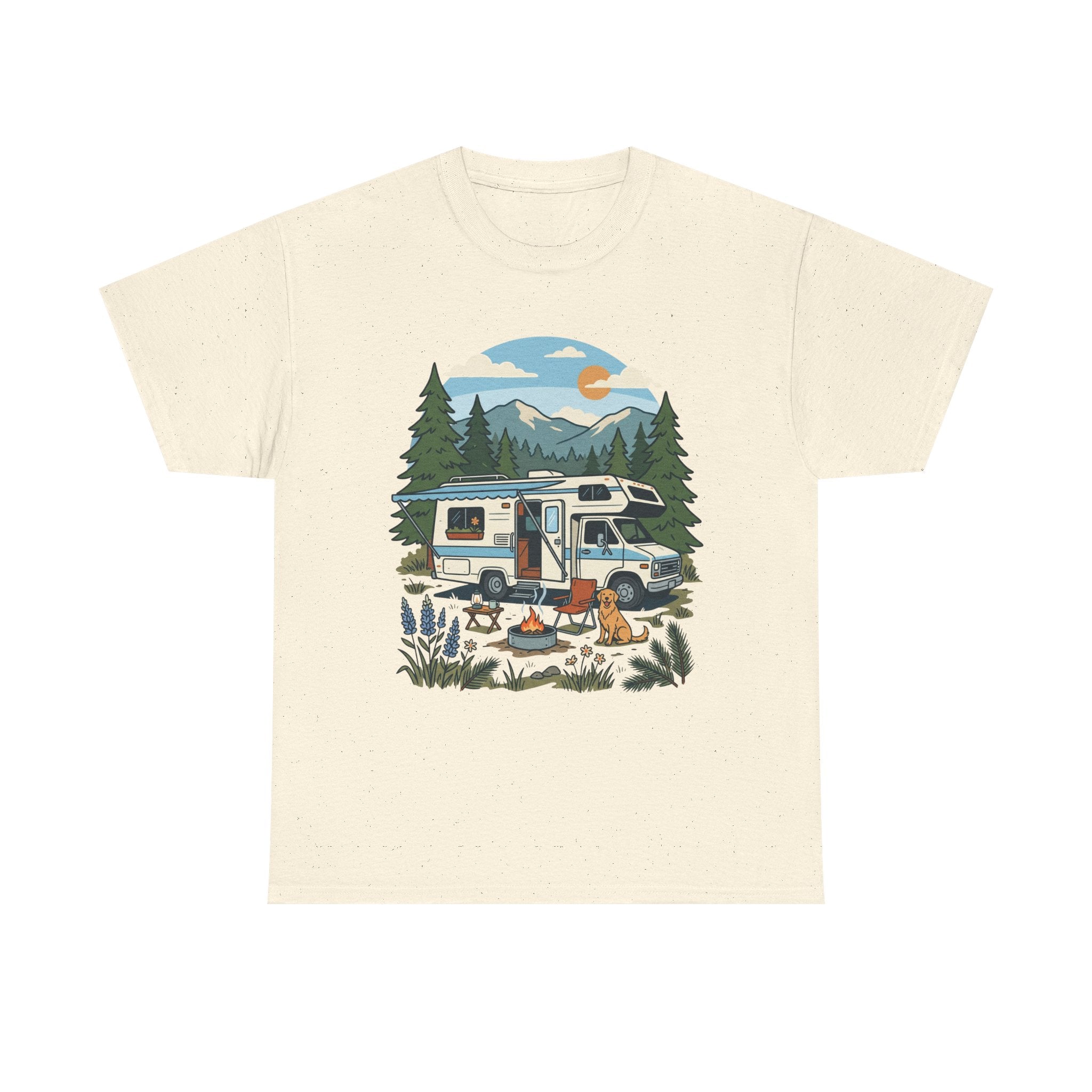 Camper Van Camping T‑Shirt — Retro RV Campfire Graphic Tee for Outdoors Lovers