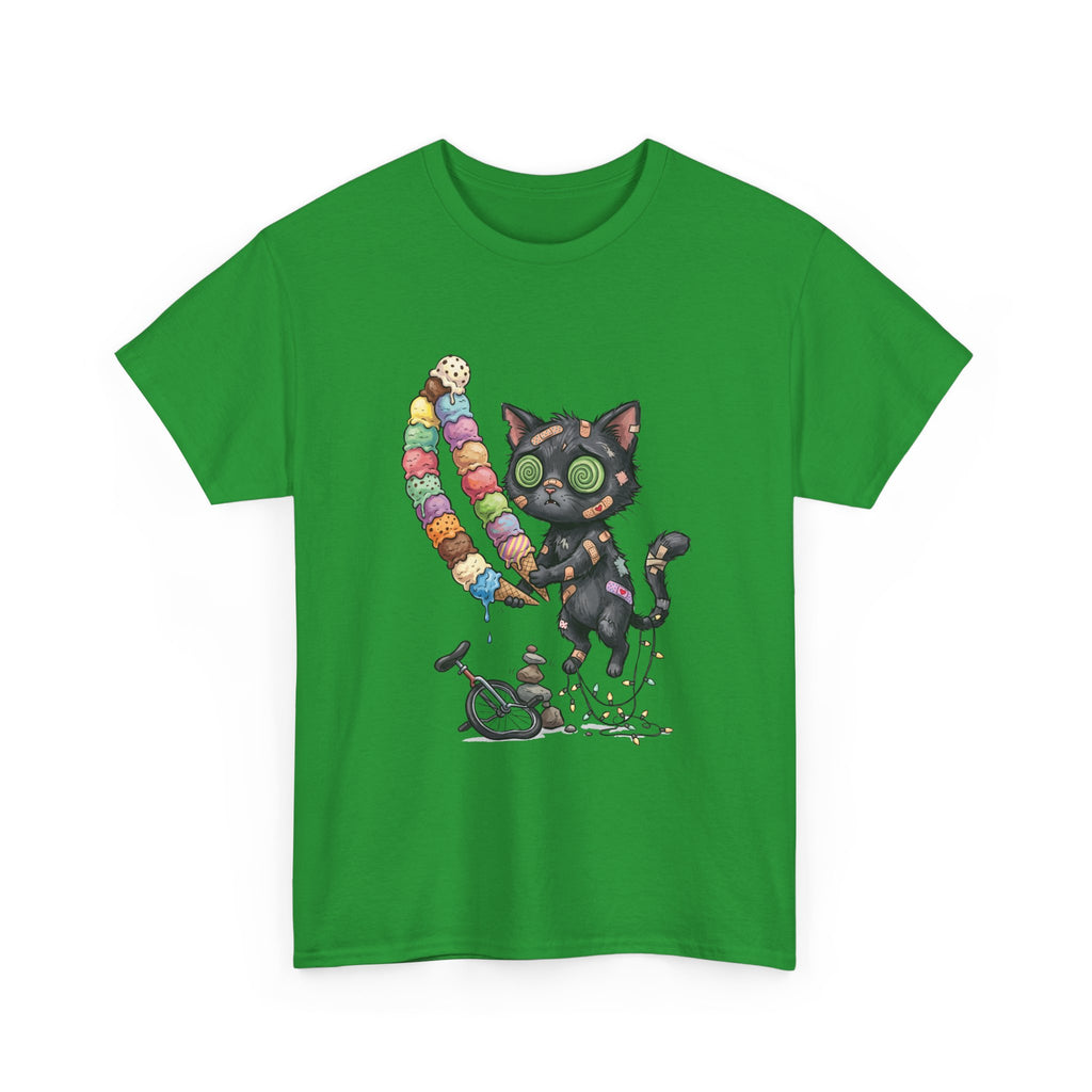 Cat with Ice Cream Graphic Tee — Cute Retro Kawaii Black Cat Holding Rainbow Ice Cream