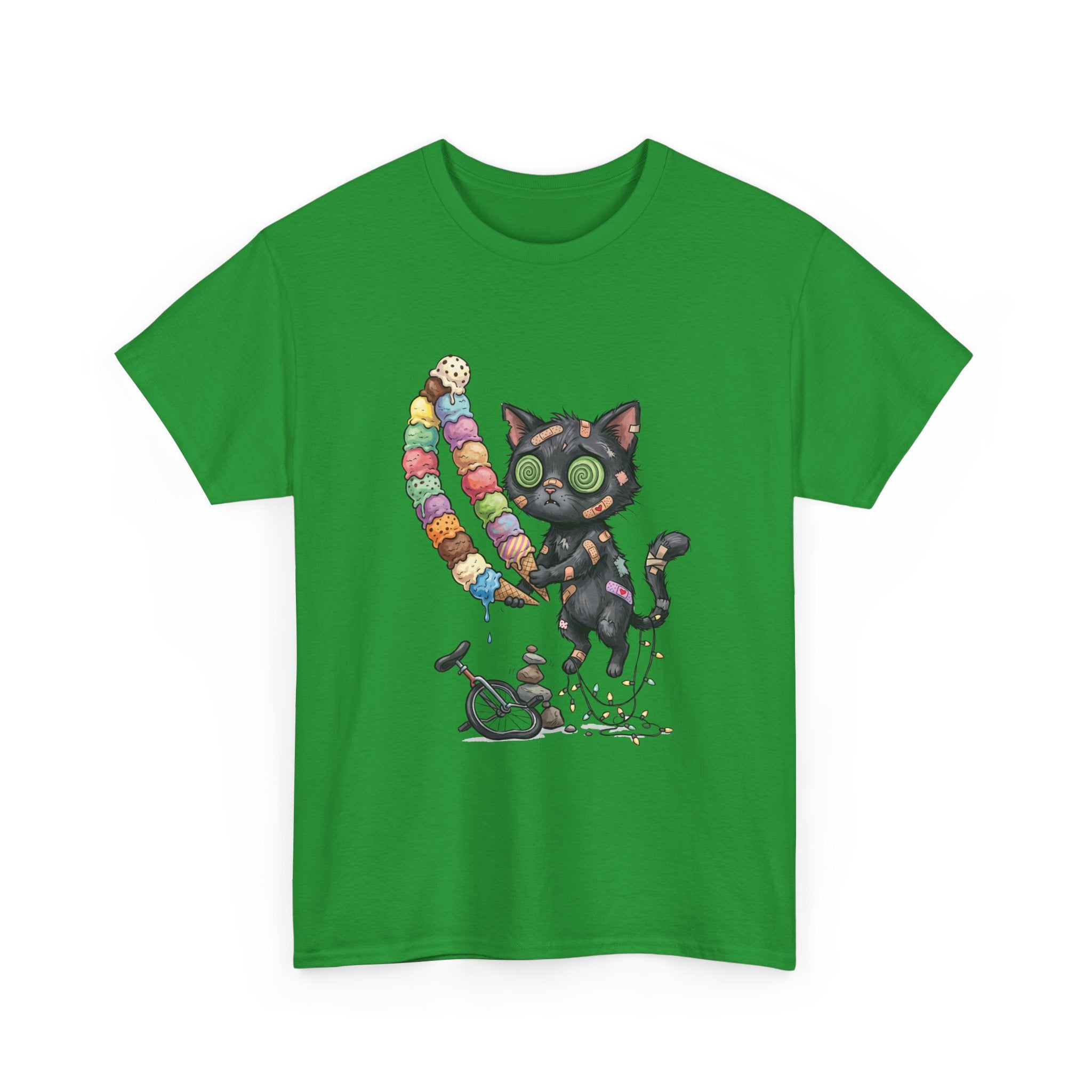 Cat with Ice Cream Graphic Tee — Cute Retro Kawaii Black Cat Holding Rainbow Ice Cream