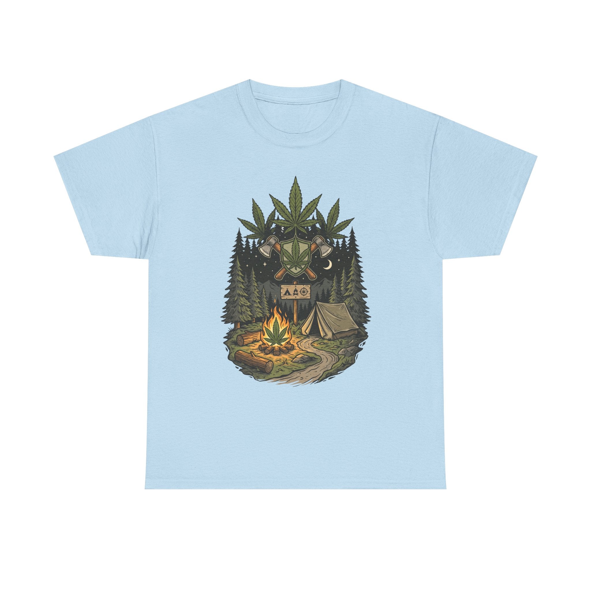 Camping Bear Graphic Tee — Forest Campfire & Leaf Emblem T-Shirt