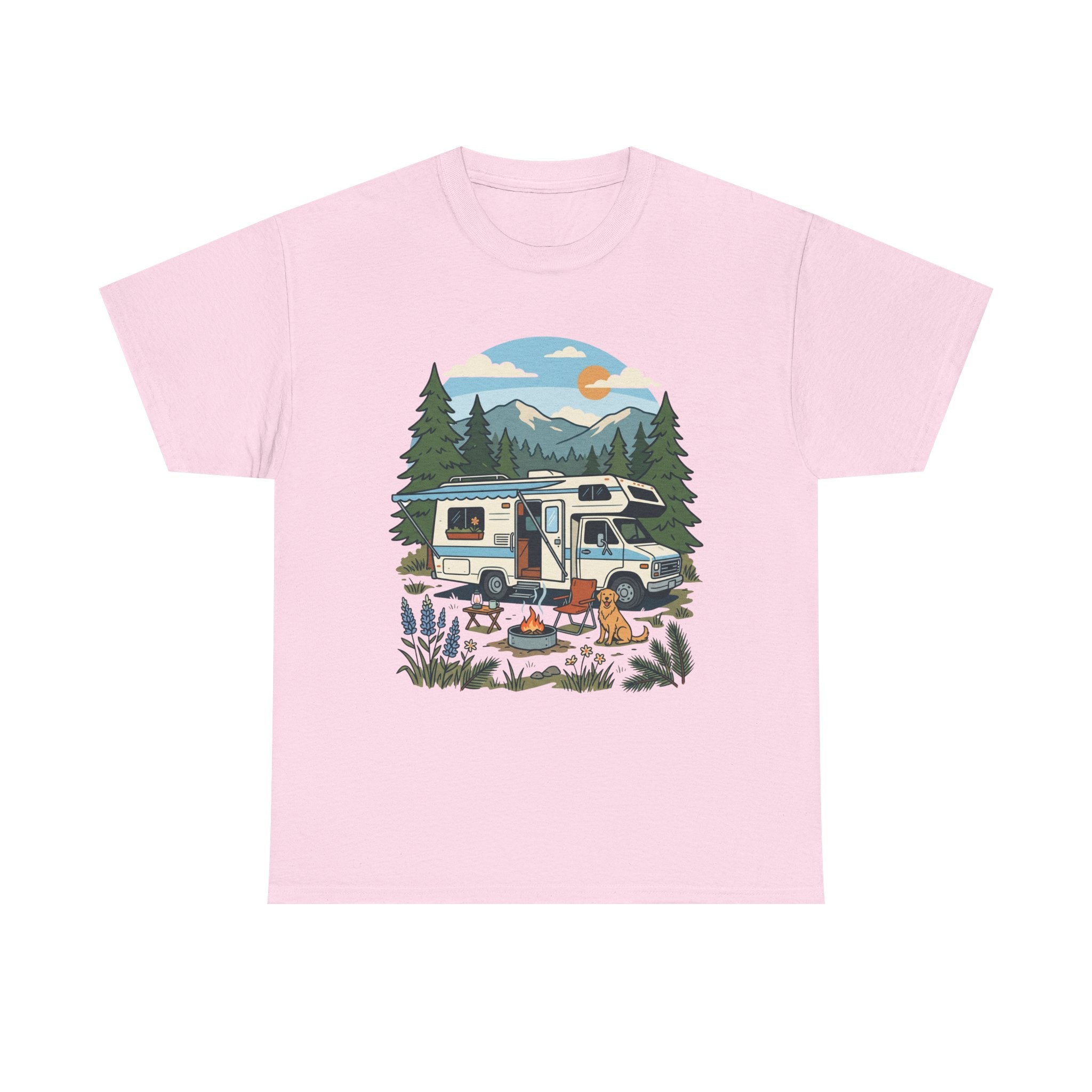 Camper Van Camping T‑Shirt — Retro RV Campfire Graphic Tee for Outdoors Lovers