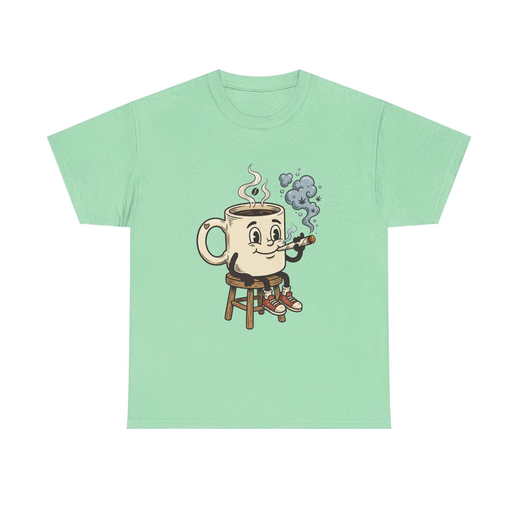 Coffee and a joint Character Tee — Retro Smiling Cup Smoking weed Graphic T-Shirt