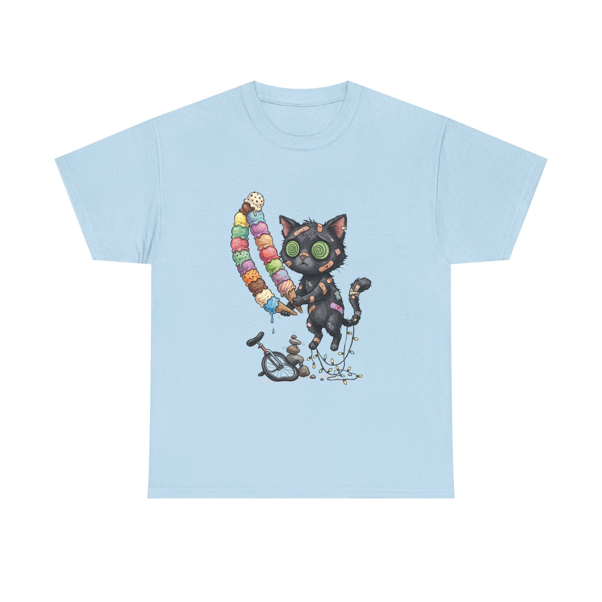 Cat with Ice Cream Graphic Tee — Cute Retro Kawaii Black Cat Holding Rainbow Ice Cream
