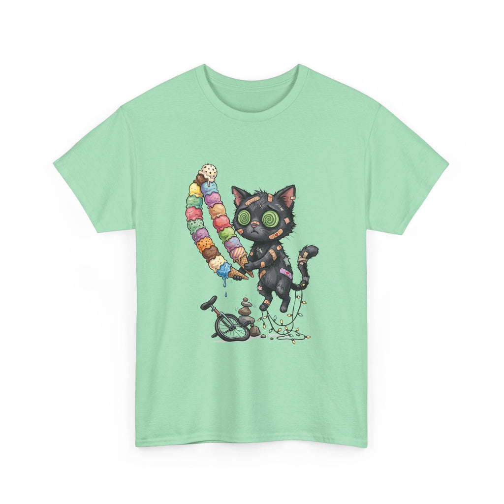 Cat with Ice Cream Graphic Tee — Cute Retro Kawaii Black Cat Holding Rainbow Ice Cream