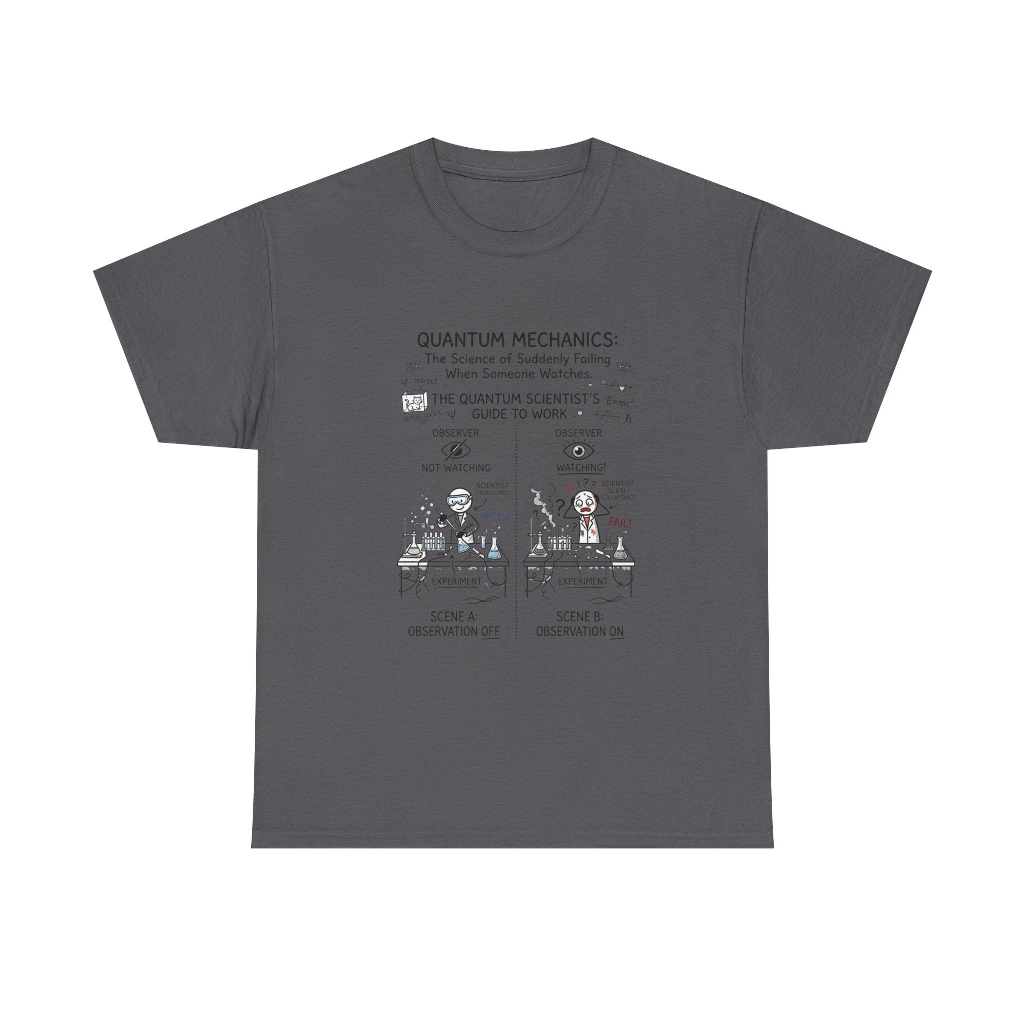 Quantum Mechanics Cartoon T‑Shirt — Funny Science Diagram Tee