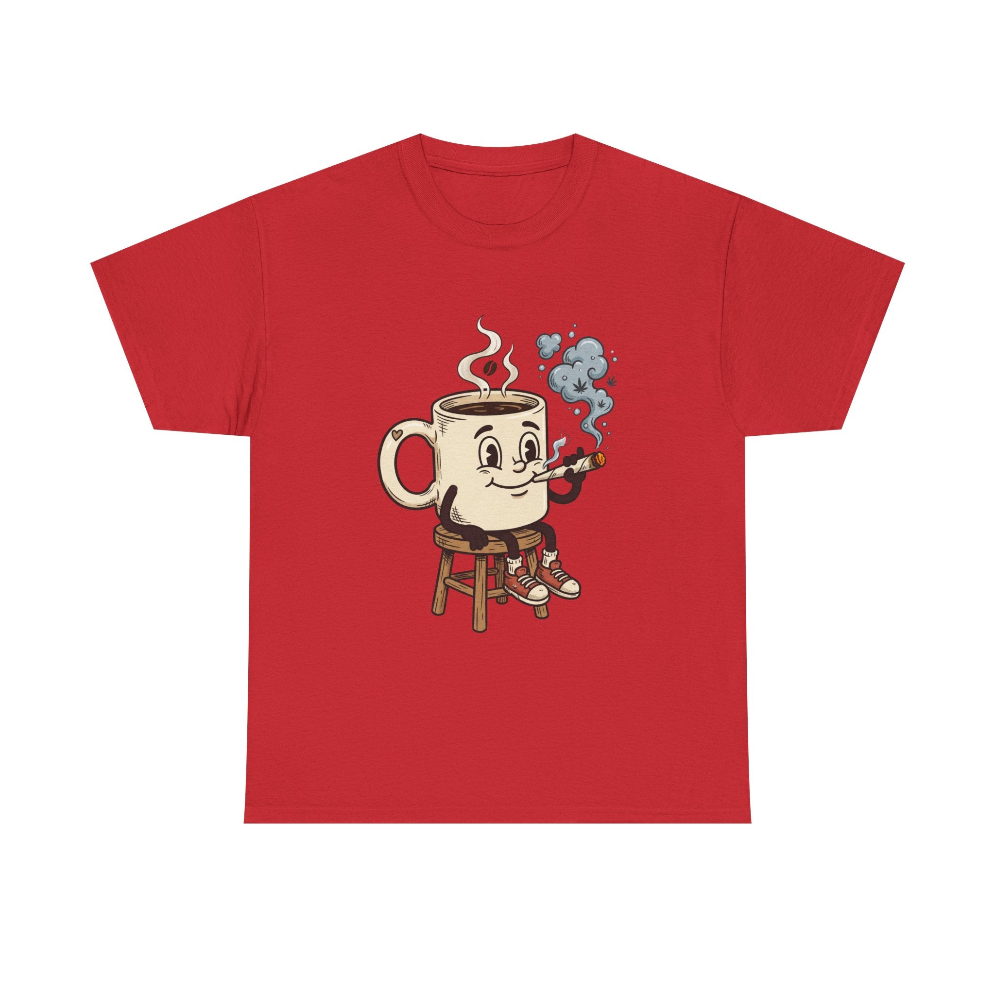 Coffee and a joint Character Tee — Retro Smiling Cup Smoking weed Graphic T-Shirt