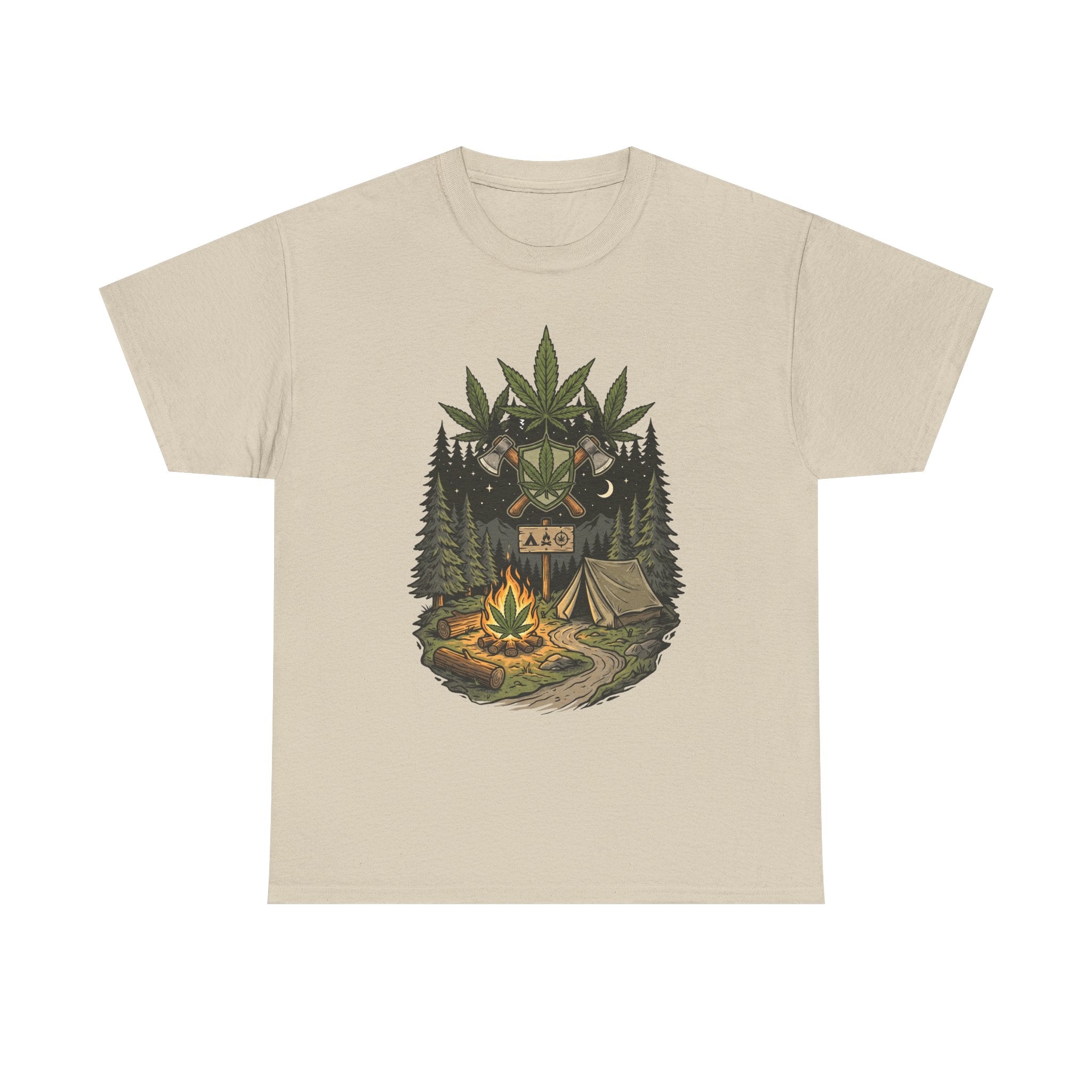 Camping Bear Graphic Tee — Forest Campfire & Leaf Emblem T-Shirt