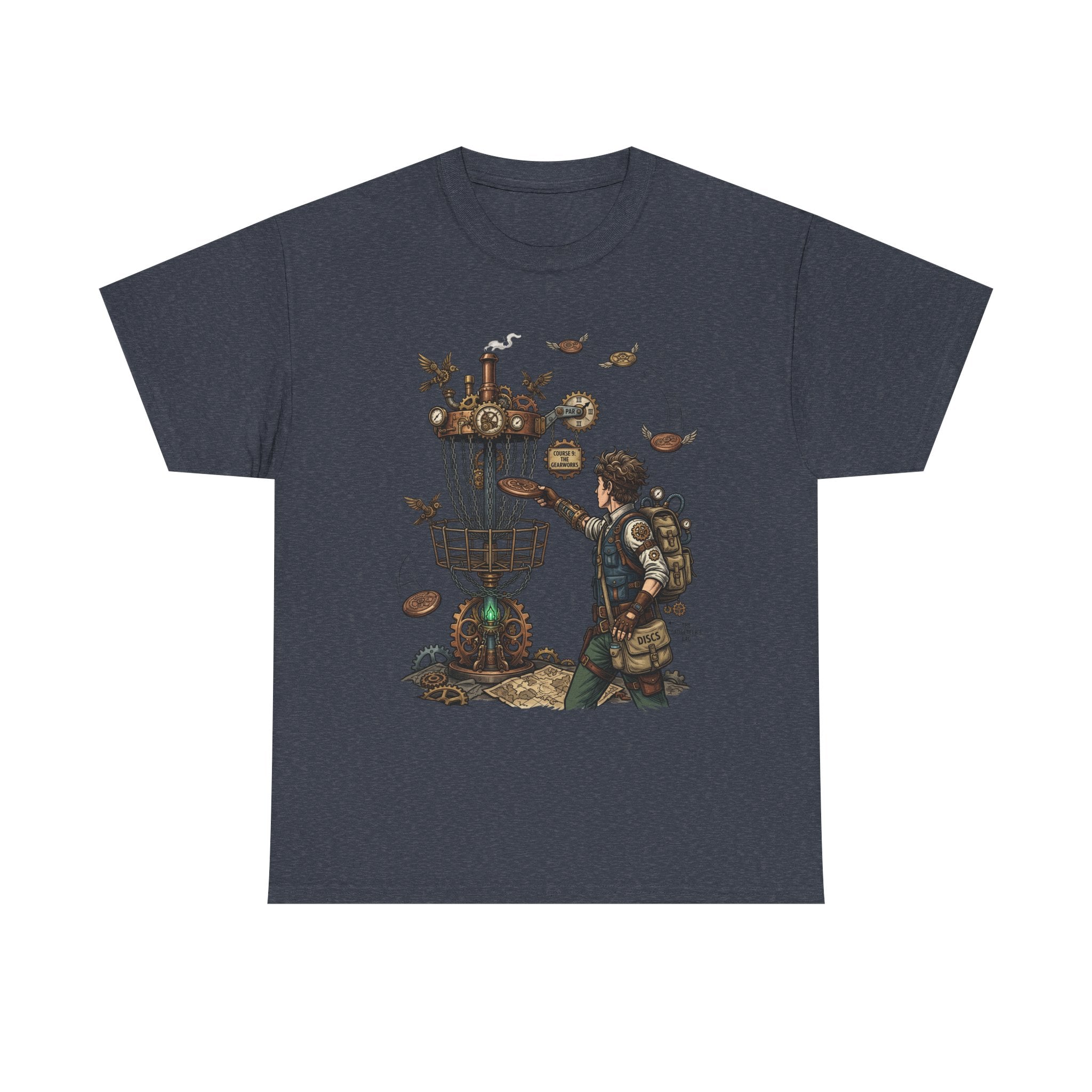 Disc Golf Adventure T‑Shirt — Steampunk Player & Birdie Basket Graphic Tee