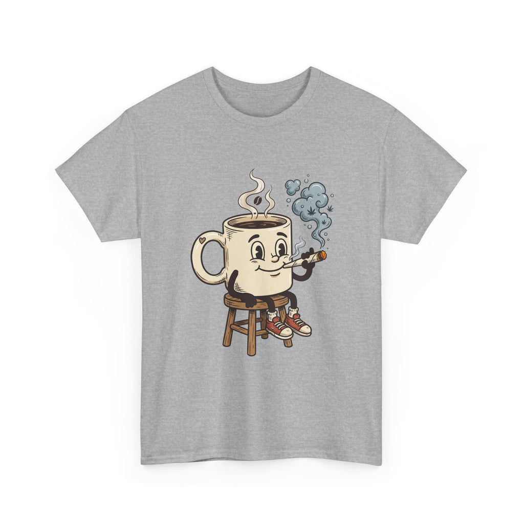 Coffee and a joint Character Tee — Retro Smiling Cup Smoking weed Graphic T-Shirt