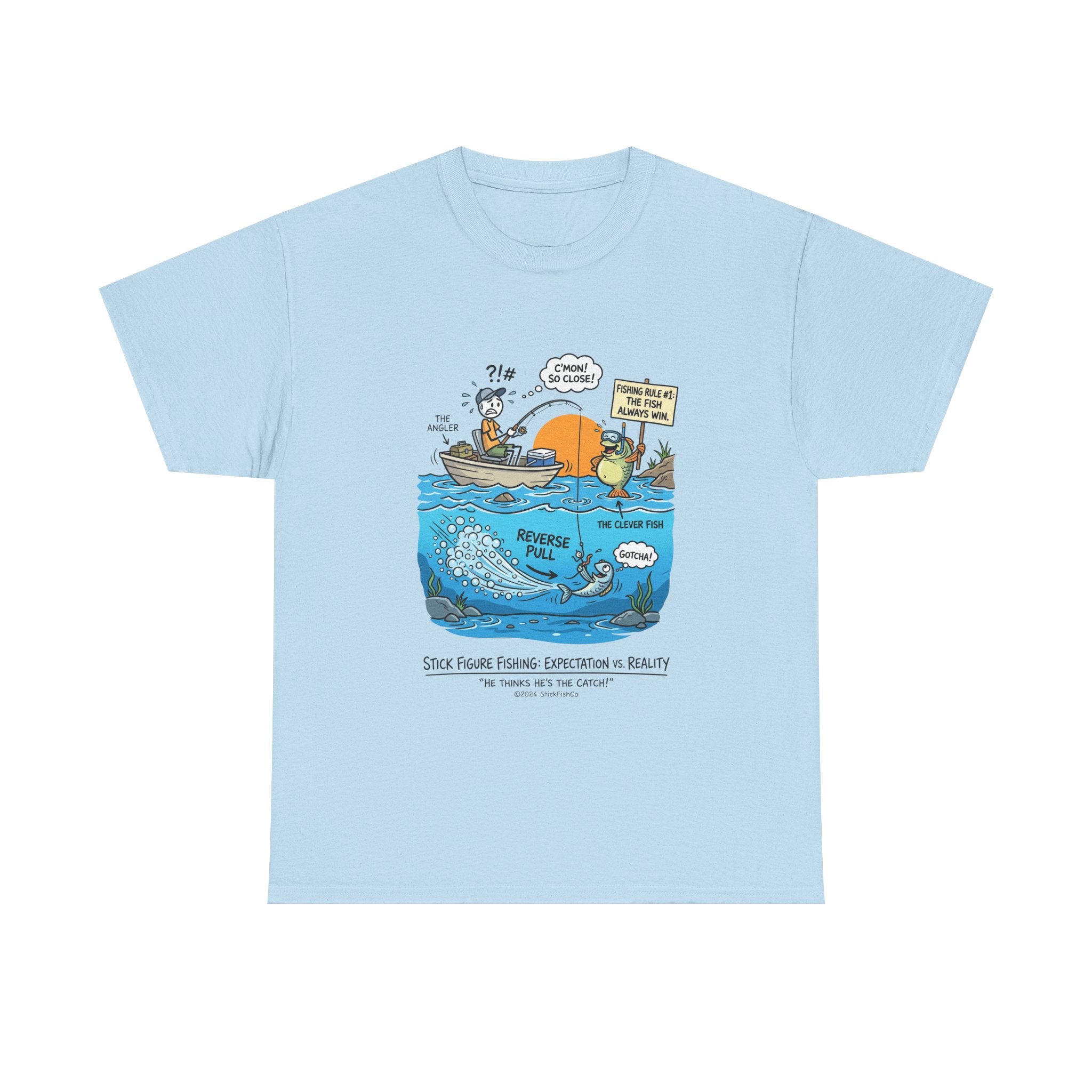 Fishing Cartoon T-Shirt — 'Reverse Take' Sunset Boating Tee